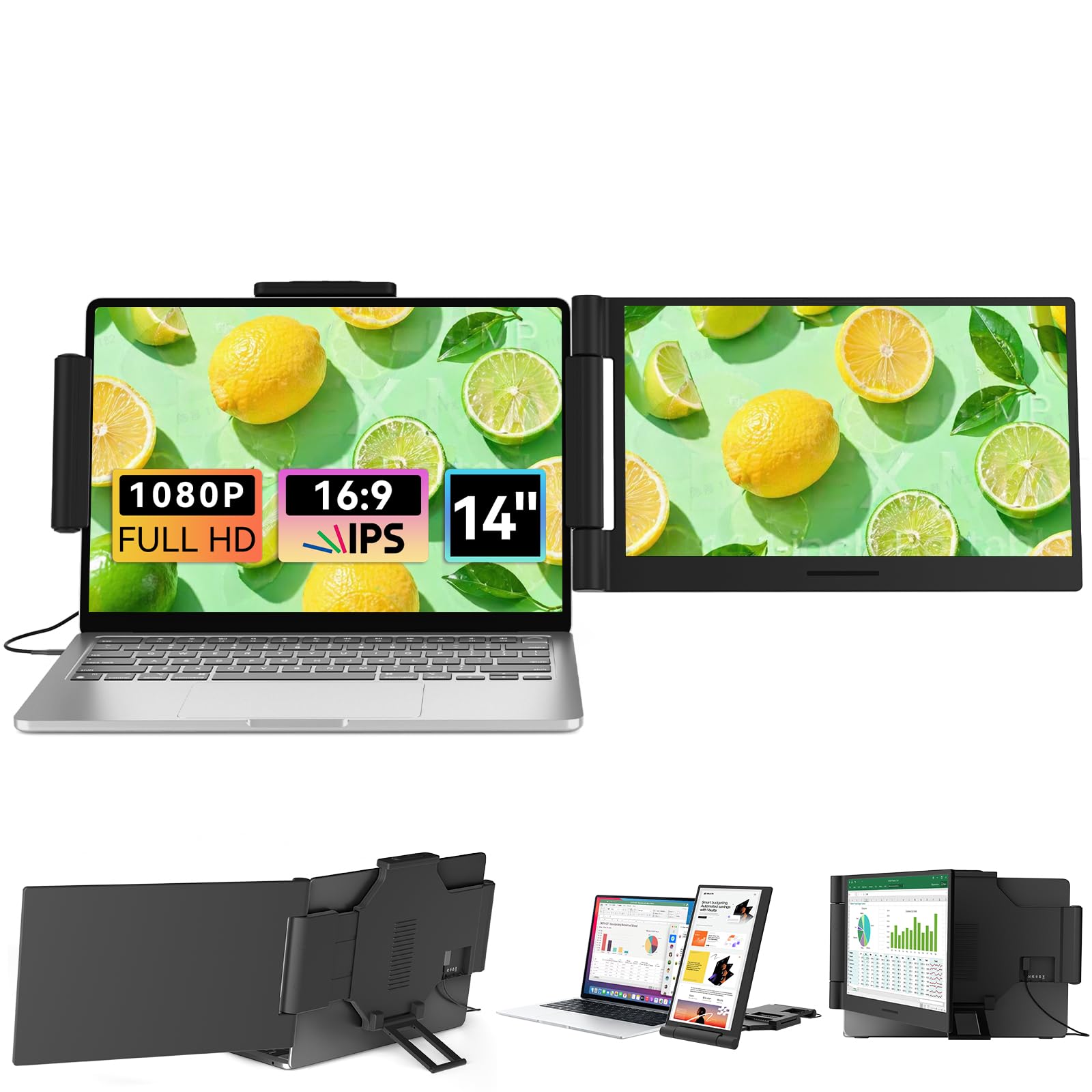 Laptop Screen Extender 14.1" 1080P IPS, Dual Screen Portable Monitor for Laptop 13-17.3", Plug & Play Monitor Extender with USB-C/HDMI, Travel Monitor for Work & Home Office Mac/Windows/Chrome/Android - 1