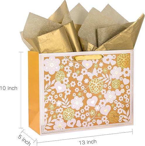 Miniatura 10 de Loveinside Bolsa de regalo negra y dorada floral con papel de seda para el día de la madre, cumpleaños, día de San Valentín, boda, aniversarios,