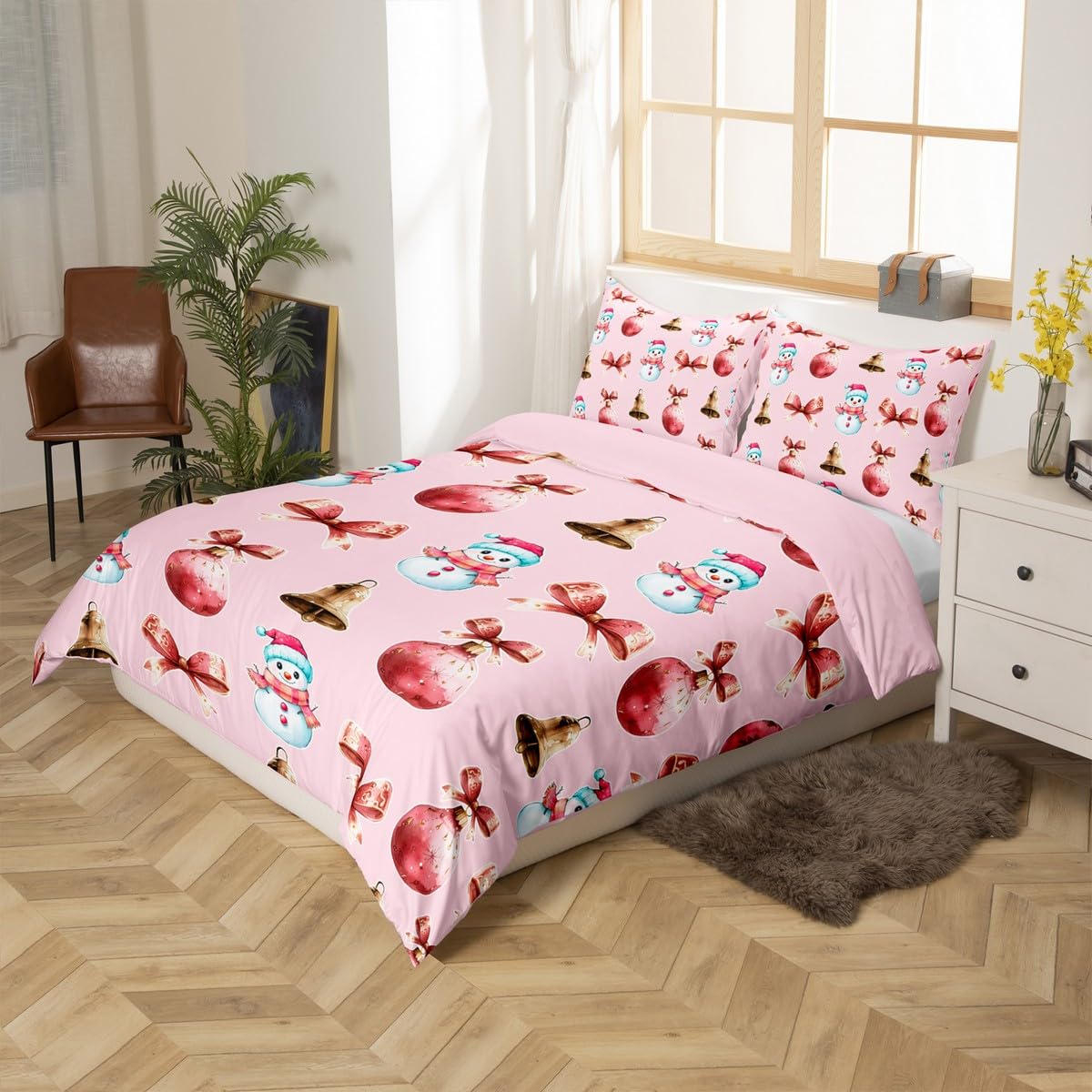 Boże Narodzenie Bowknot zestaw pościeli w rozmiarze M, różowy łuk, mały dzwonek, dwustronny pokrowiec z 1 poszewką na poduszkę, śliczny bałwanek na Boże Narodzenie, piękny zestaw pościeli poliestrowej