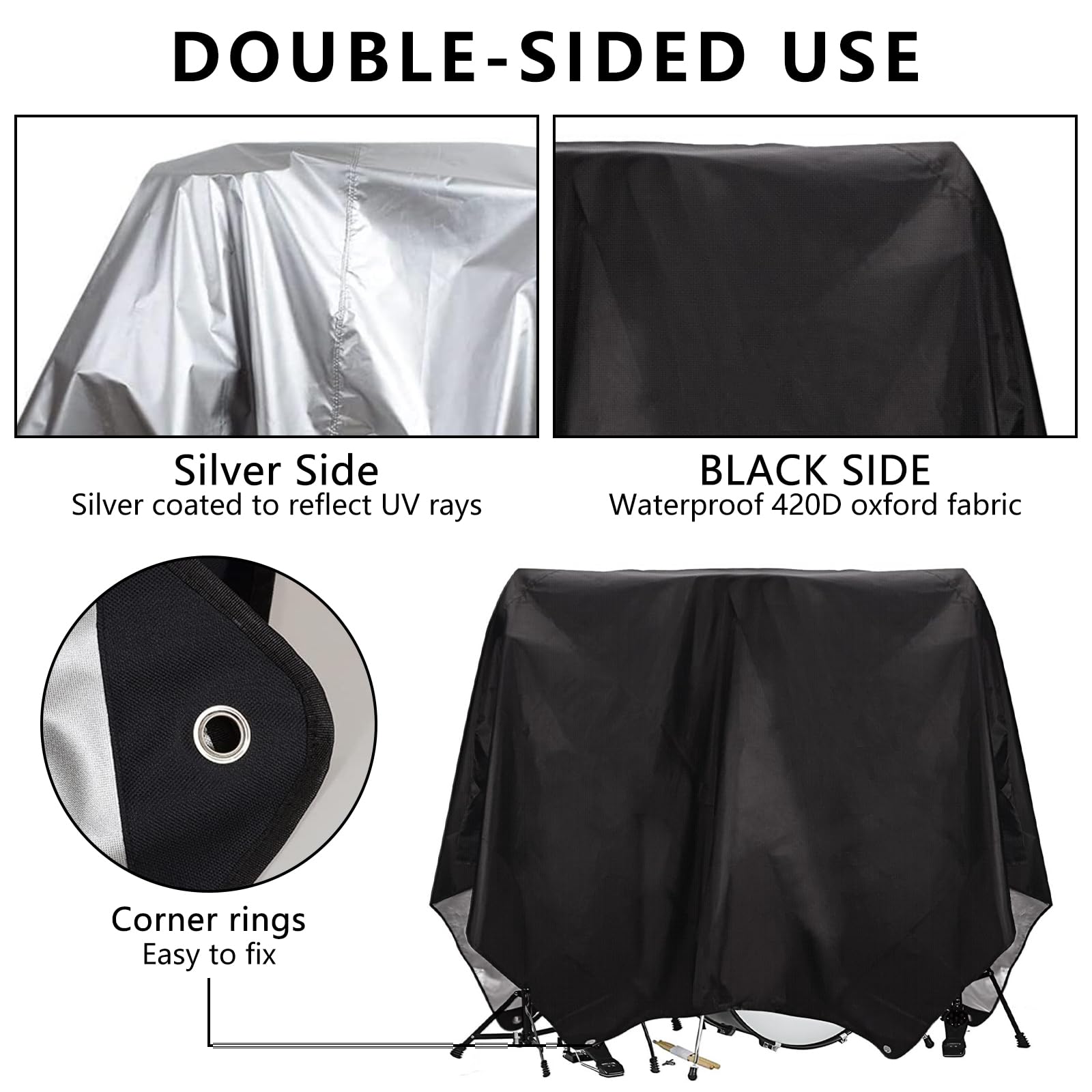 Musiin Housse de protection contre la poussière pour batterie - Tissu Oxford robuste avec revêtement argenté - Convient à la plupart des supports de batterie - Livré avec un sac (noir)