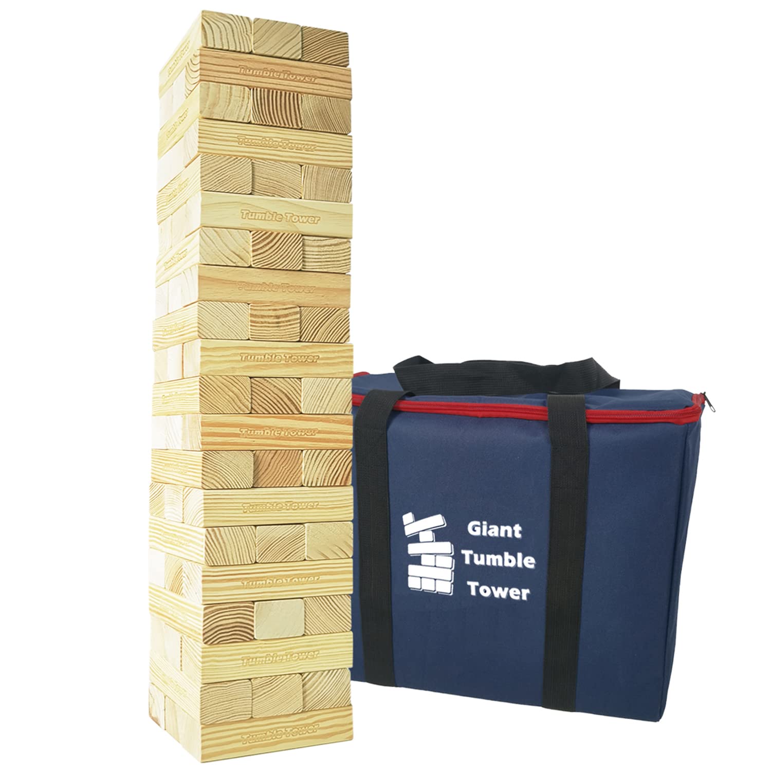 Jac & Mok Großer Wackelturm Spiel Holz Turmspiel aus Kiefer- Stapelturm 60 Bausteine mit Tragetasche - Giant Tumble Tower Pine Wooden Outdoor Games