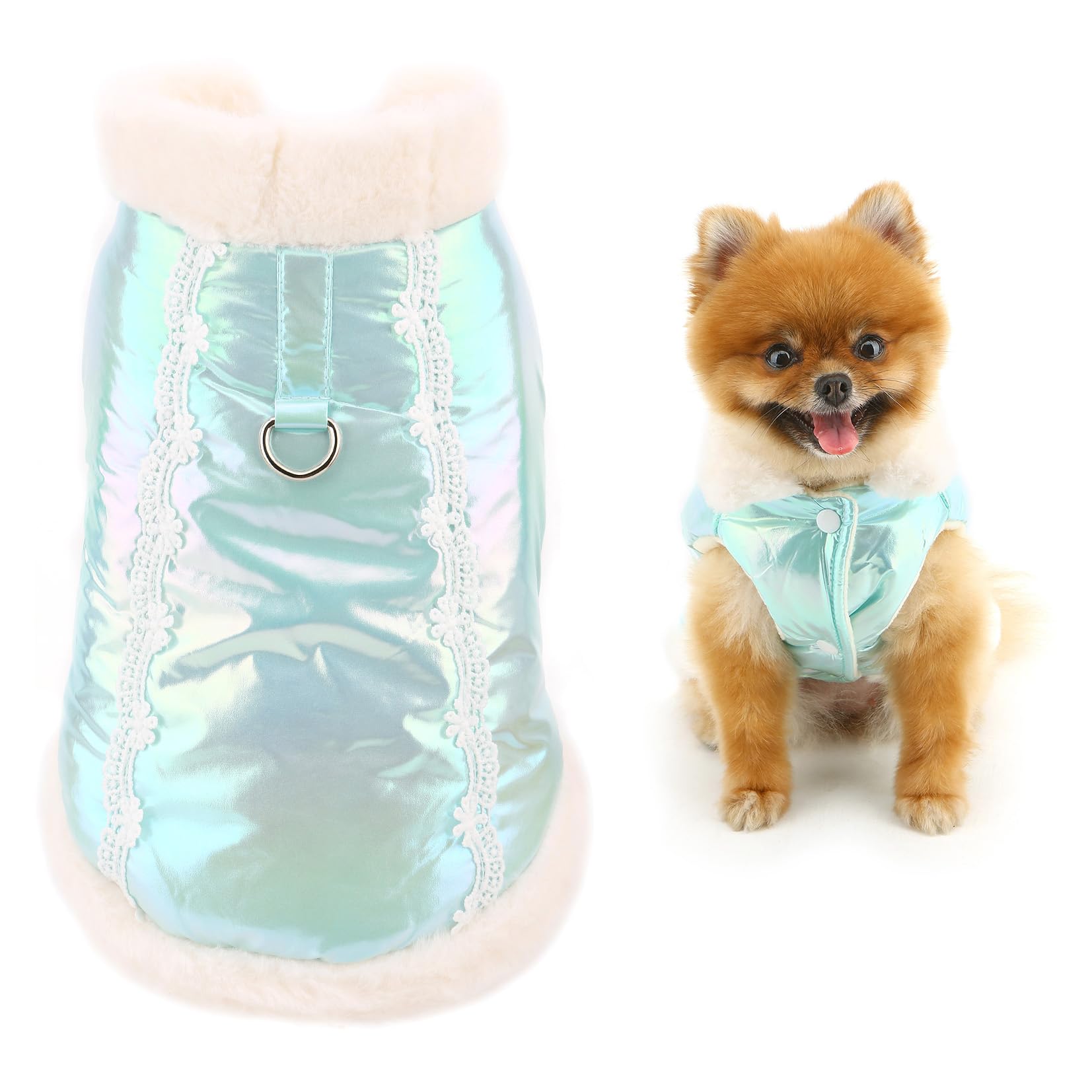SMALLLEE_LUCKY_STORE Fleece Lined Windproof Dog Coat for Xsmall Small Dogs Waterproof Puppy Winter Vest Jacket with D-ring Warm Padded Clothes Fuzzy Collar Chihuahua Yorkie Outfit Green L