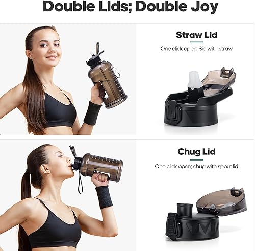 Miniatura 3 de Botella de agua de medio galón con funda de almacenamiento, 2.2L74 onzas, sin BPA, material de polipropileno, correa ajustable, 2 tapas incluidas