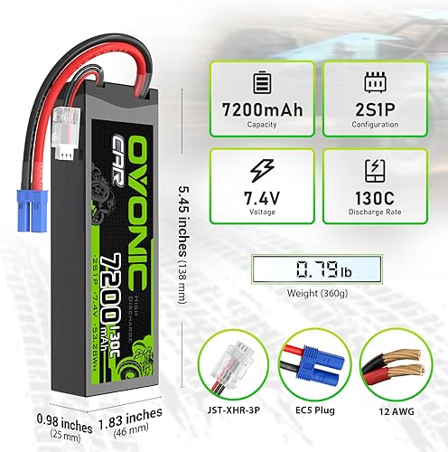 Miniatura 2 de OVONIC 2S LiPo Batería 7200mAh 7.4V 130C RC Batería con EC5 Conector