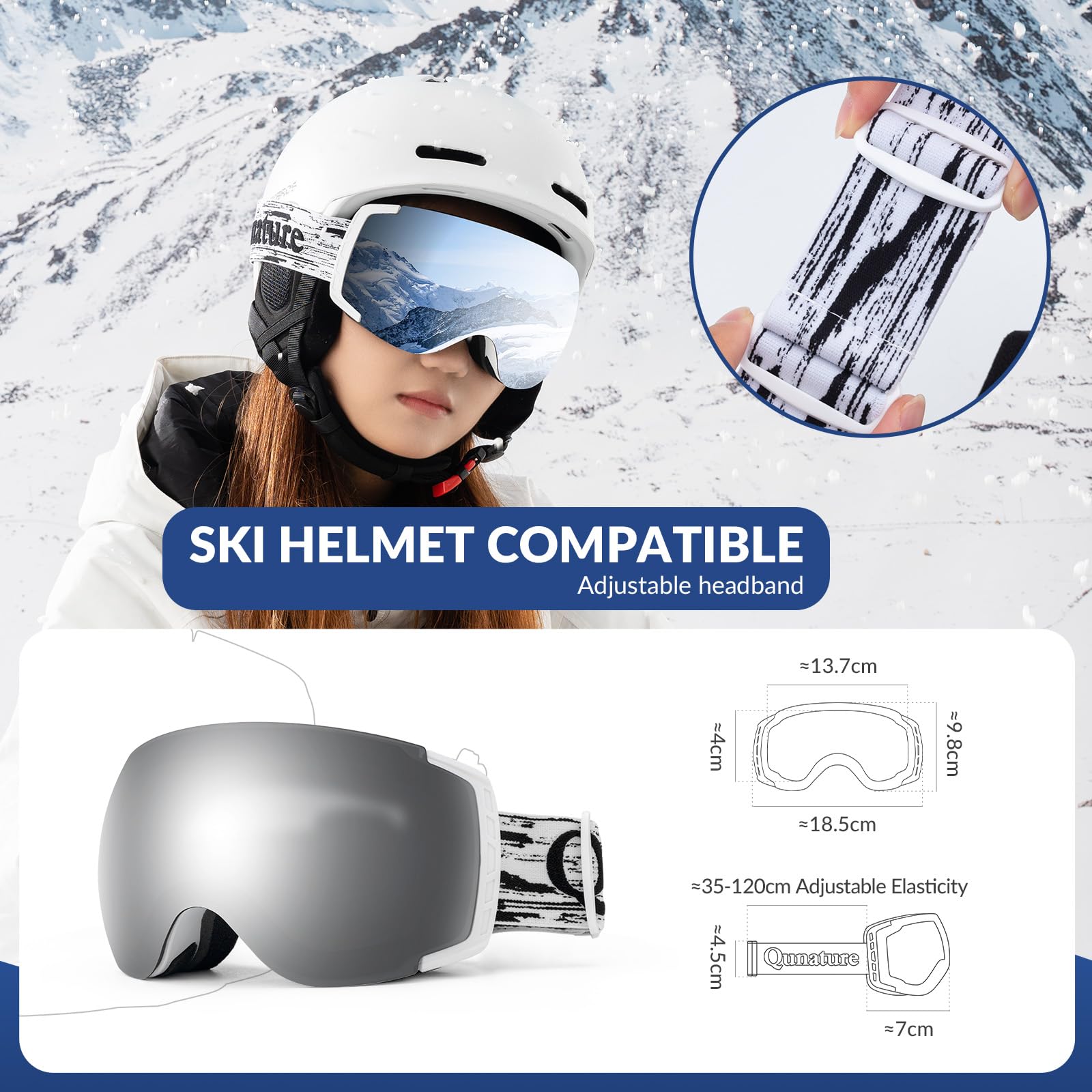 Qunature Lunettes Ski OTG Anti-Buée UV400 Homme Femme Blanc