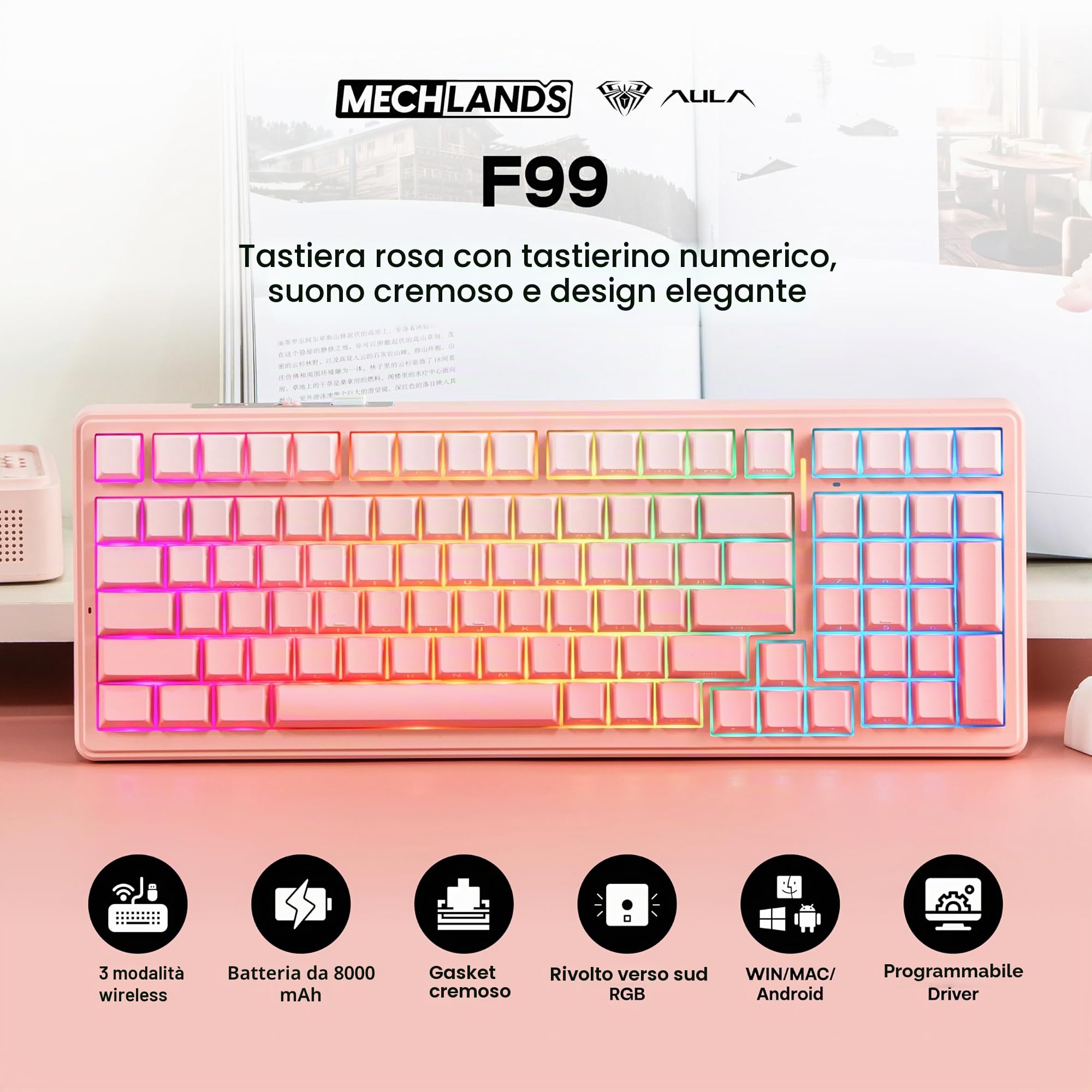 MechLands Aula F99 - Tastiera da gioco wireless al 96%, batteria da 8000 mAh, tastiera meccanica con guarnizione cremosa, BT/2,4 GHz/USB-C, sostituibile a caldo, interruttore lineare pre-lubrificato