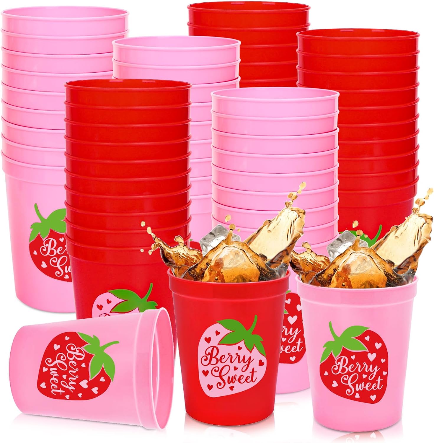 JarThenaAMCS 24Pcs Strawberry Plastic Cups Red Pink Berry Sweet Reusable Cups Fruit Theme Party Drinkware Supplies for Birthday Holiday Baby Shower, 16 Oz