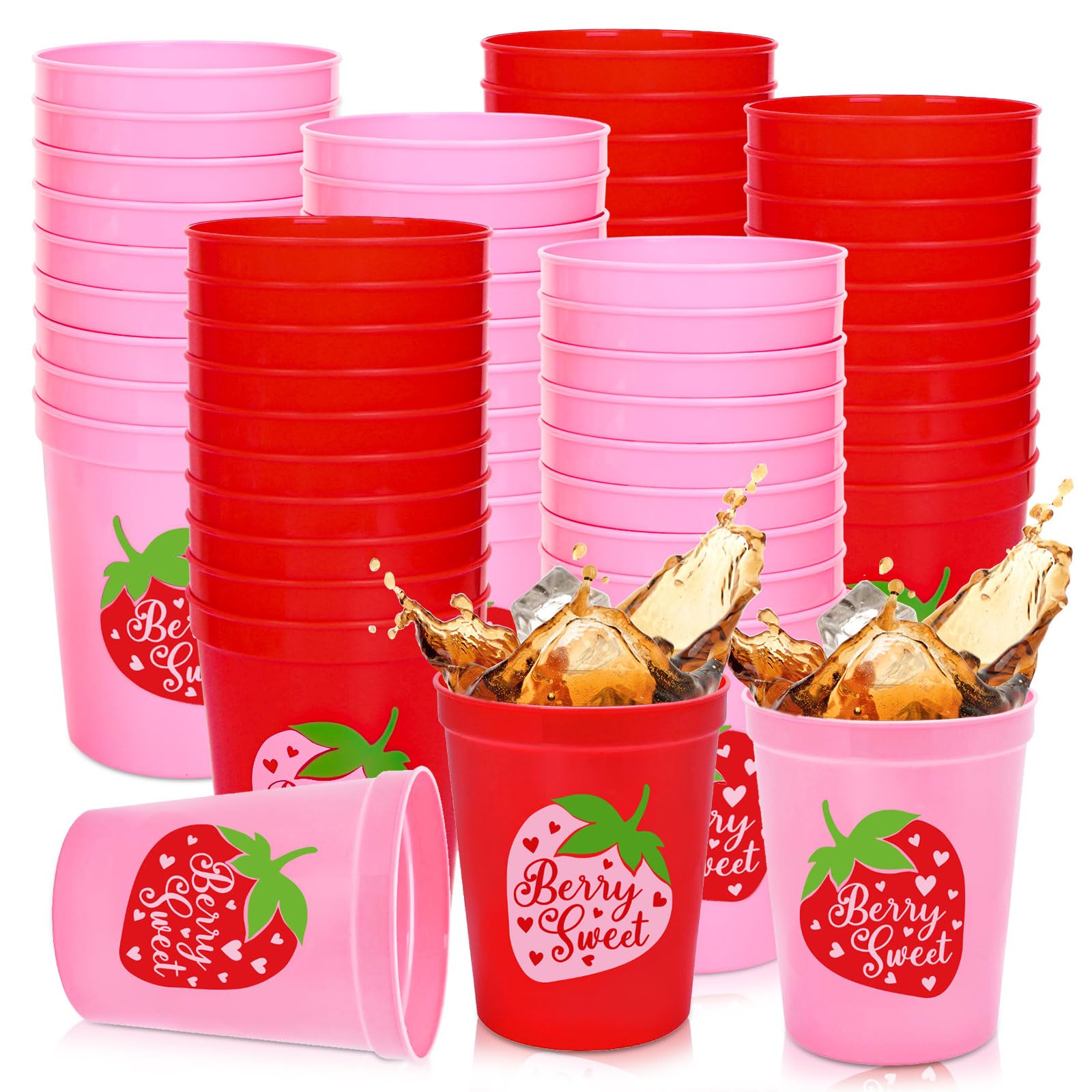 JarThenaAMCS 24Pcs Strawberry Plastic Cups Red Pink Berry Sweet Reusable Cups Fruit Theme Party Drinkware Supplies for Birthday Holiday Baby Shower, 16 Oz