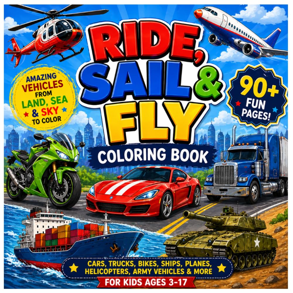 Ride, Sail & Fly Coloring Book: Cars, Trucks, Bikes, Ships, Planes & More for Kids