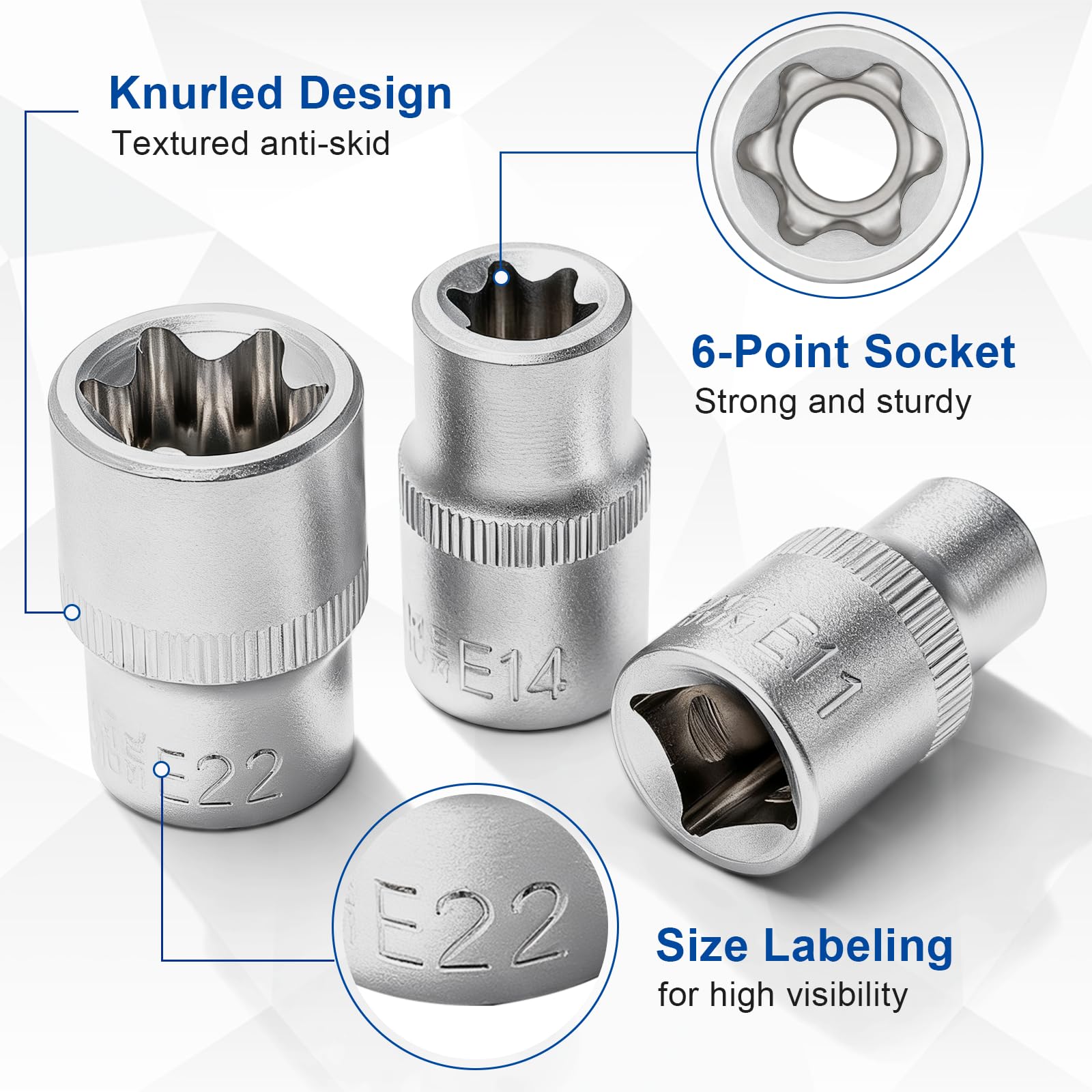 DAKCOS Juego de 9 llaves de vaso E-Torx Vaso de Torx hembra con puntas perfiladas E 1/2" E10, E11, E12, E14, E16, E18, E20, E22, E24, CR-V