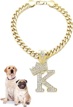 Rhinestone Studded Initial Pendant 18" Cuban Chain Fashion Costume Jewelry Necklace for Dogs Cats in Gold Tone Gold - K