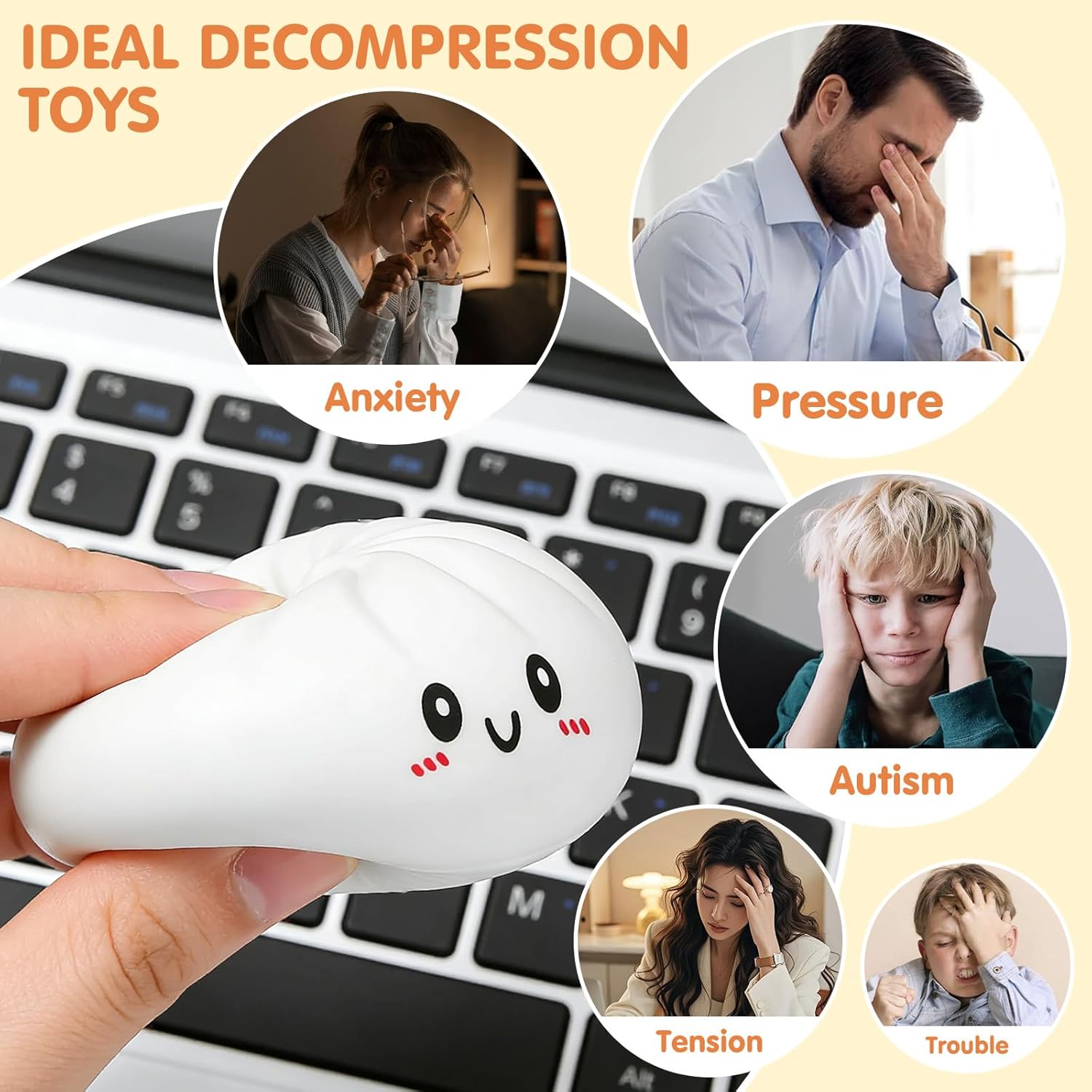 Dumpling Squishies, Glitter Dumpling Squishies Box, Colorful Dumpling Stress Balls, Soft Squeeze Decompression Dough, Fidget Sensory Toy for Anxiety Stress Relief for Children Adult, White
