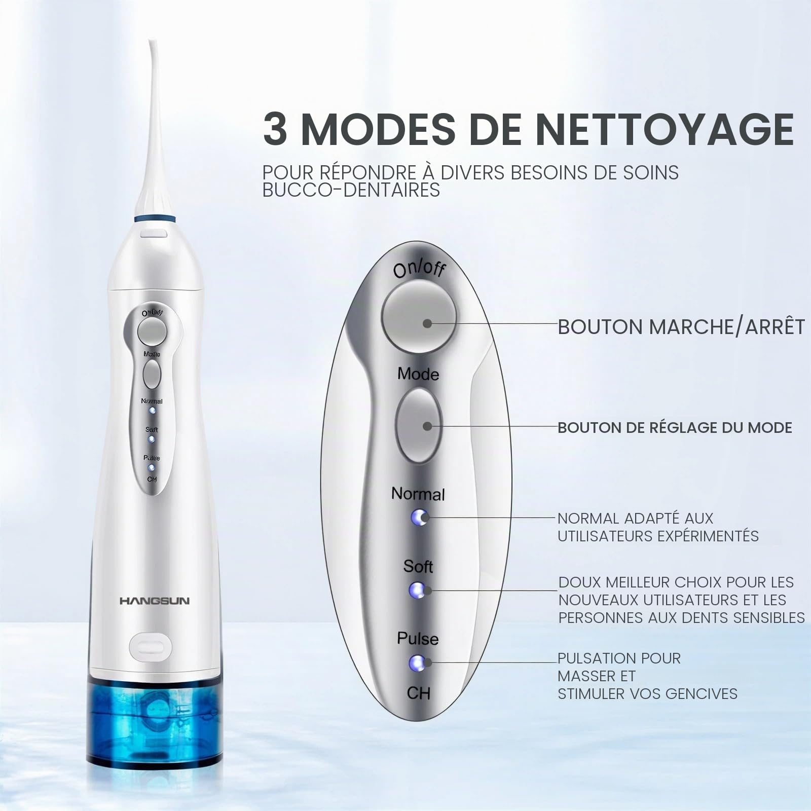 Hangsun Jet Dentaire Hydropulseur Irrigateur Oral, USB Chargé Portable Water Flosser, Réservoir 300 ml et 8 Buses de Jet pour Voyage et Maison HOC700