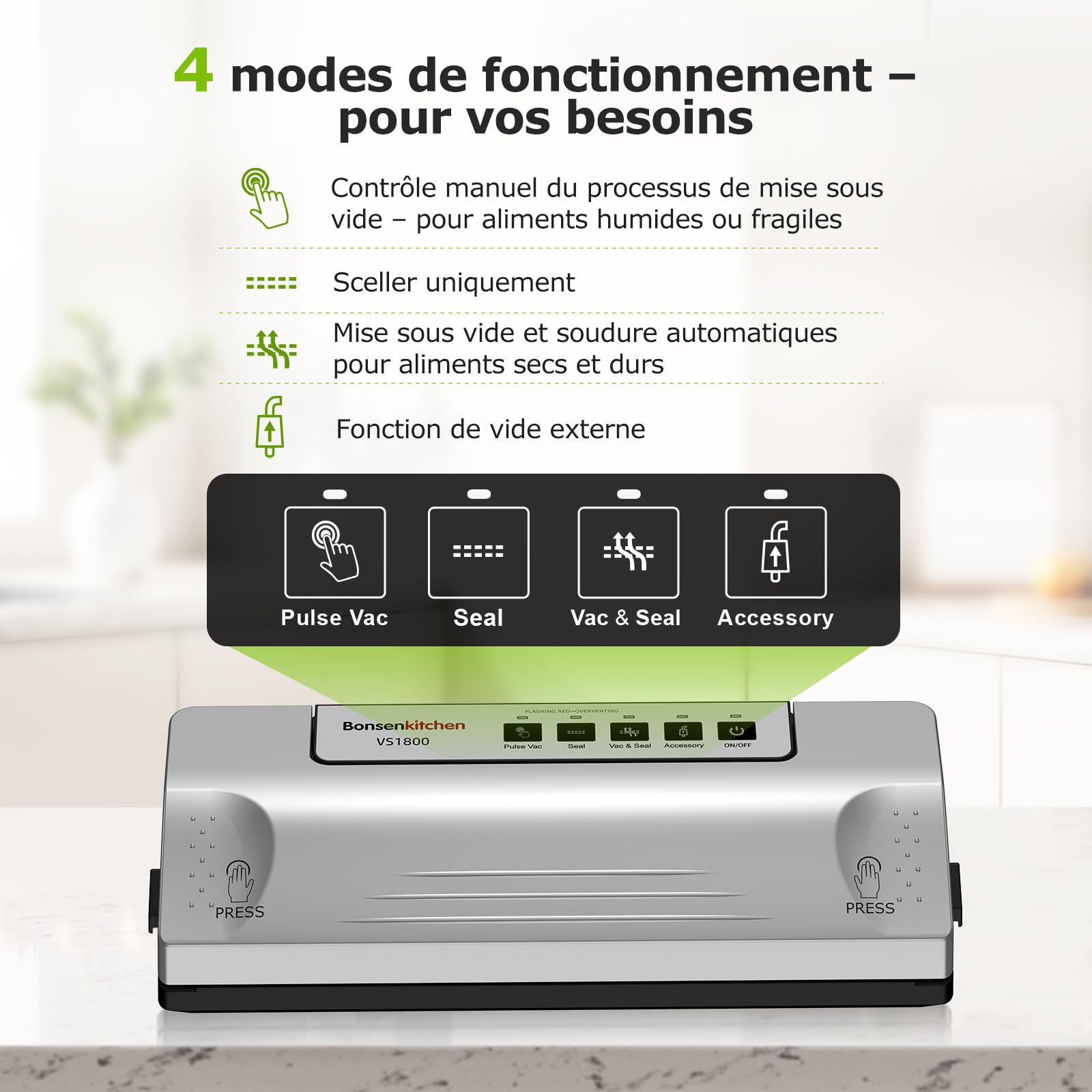 Bonsenkitchen Machine Sous Vide, Soudure Robuste 30 cm, Fonction Pulse pour Aliments Humides, Kit Aspiration Externe, Usage Continu avec Protection Surchauffe, avec 5 Sacs, VS1800