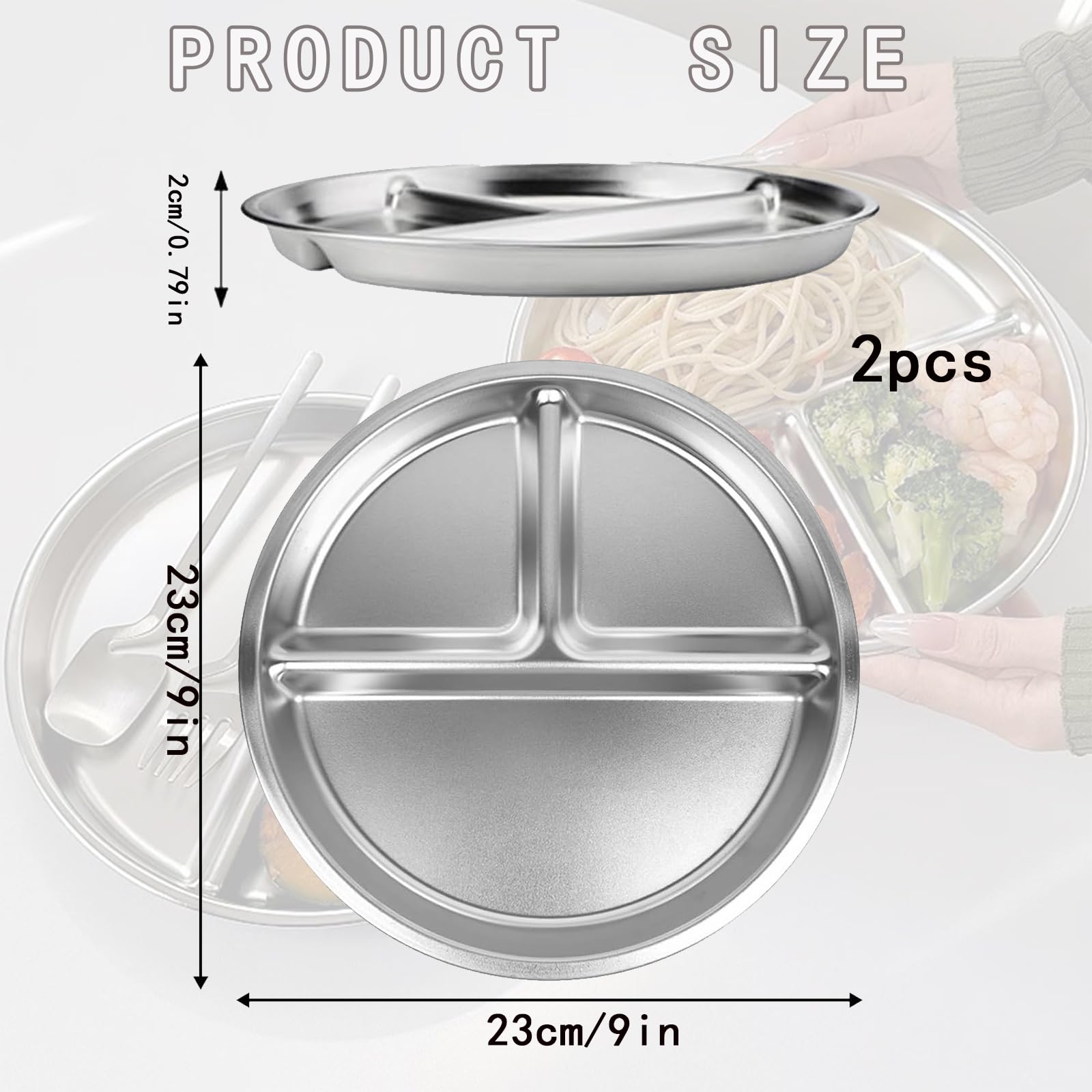 2 Stück Edelstahl-Teller, 23 Cm – Geteilt Für Portionskontrolle, Camping, Picknick, Spülmaschinenfest (304 Edelstahl).