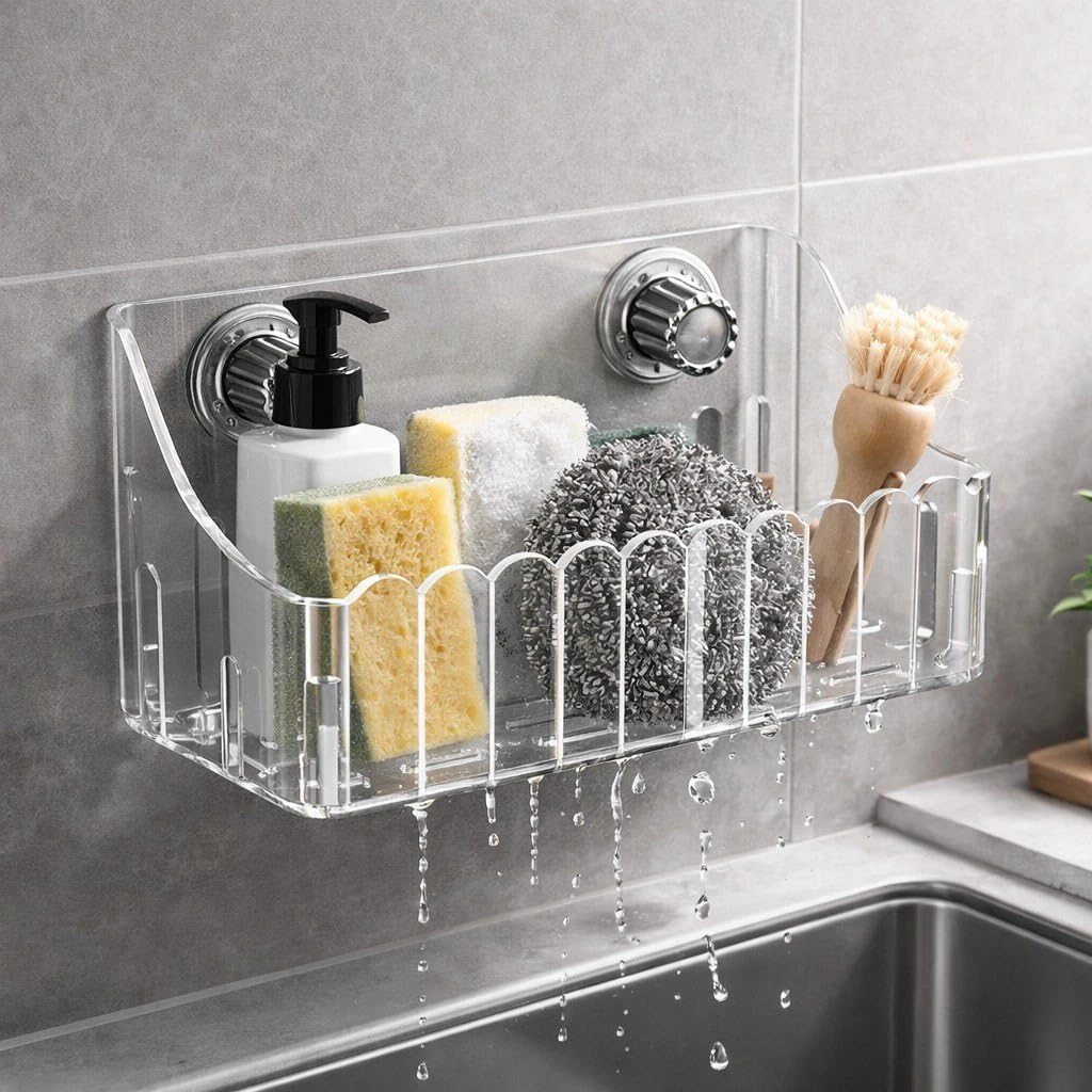 Transparent Suction Cup Bathroom Shelf | Heavy-Duty Wall Mounted Shower Organizer | Drill-Free Waterproof Acrylic Storage Rack with Strong Vacuum Lock for Kitchen & Bathroom-image-2