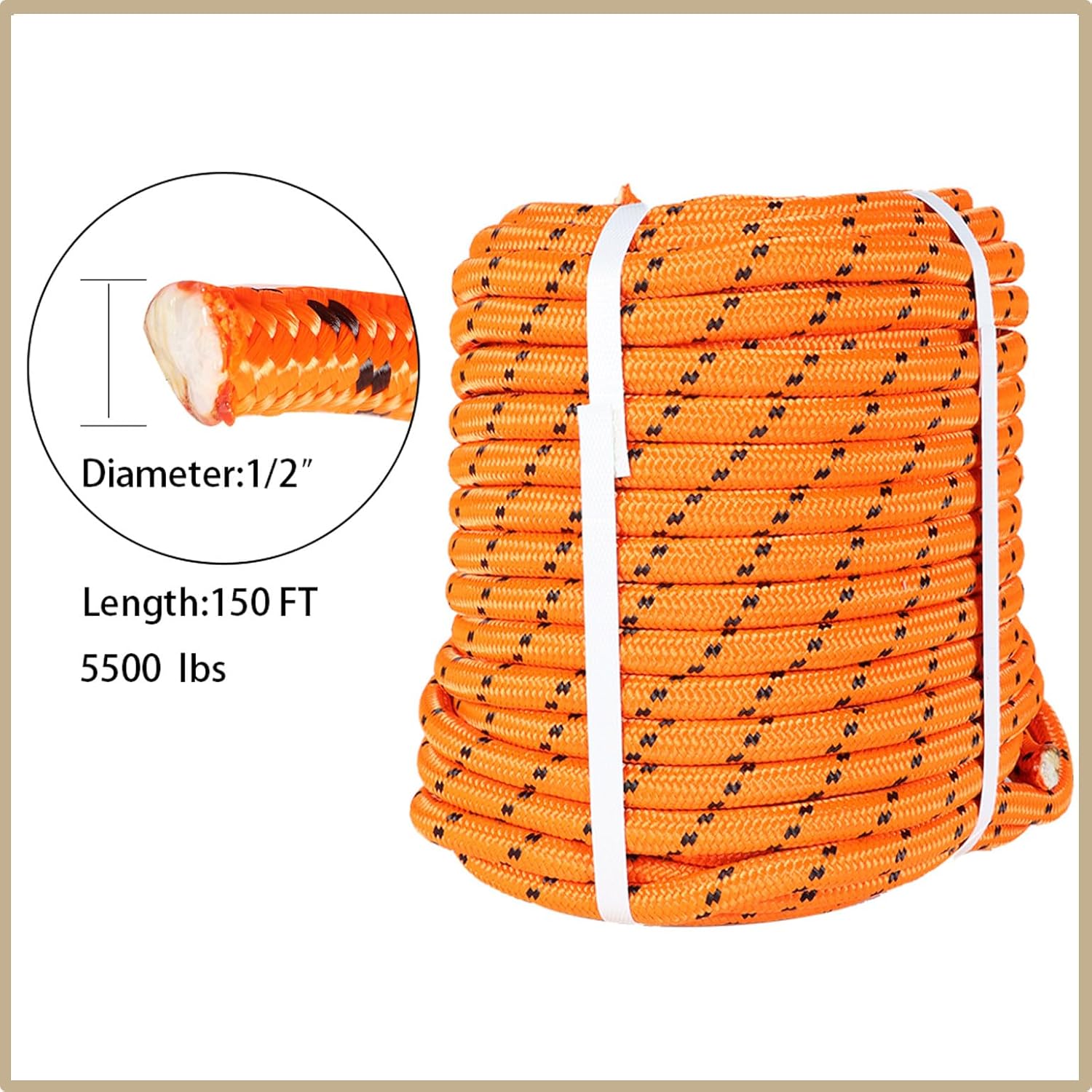 1/2 in x 150 Ft Double Braid Polvester Arborist Rigging Rope Sailing Rope for Camping Swings Arborist Gardening Marine Orange Black