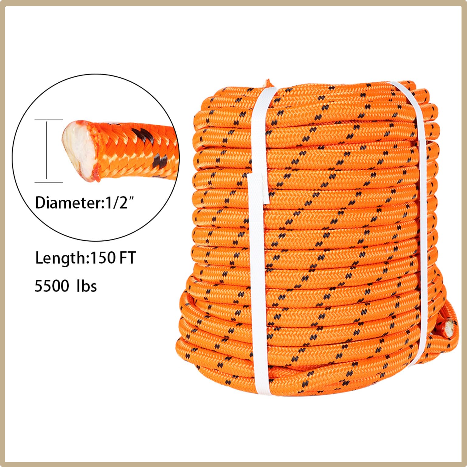Cuerda de aparejo de poliéster de doble trenza duradera de 1/2 pulgada x 150 pies, cuerda de nailon para arborista, cuerda de navegación para columpios de camping, arborista, jardinería