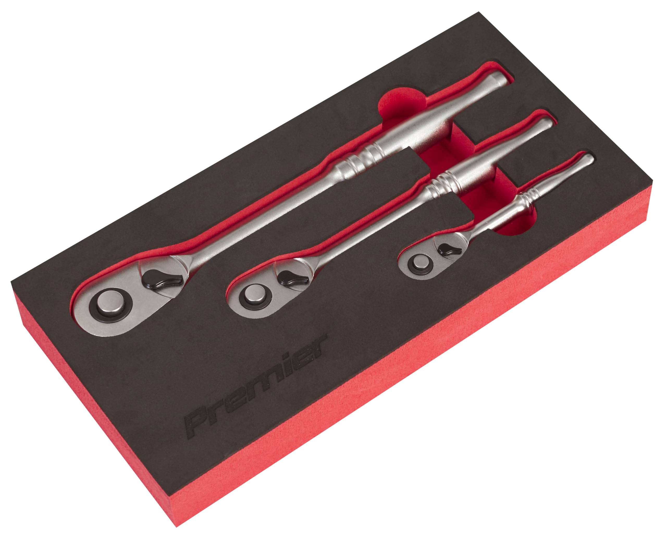 Sealey Premier Platinum 3pc Ratchet Wrench Set - Flip Reverse, EVA Foam Storage Tray - AK7933, Silver - Image 2
