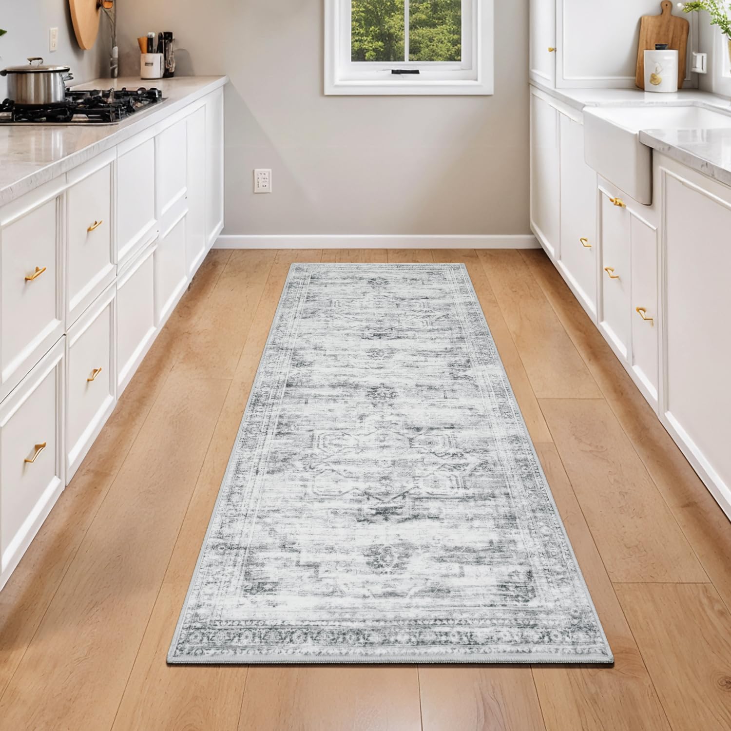 Carpelux 2×6 Washable Kitchen Runner Rug Non Slip, Soft Faux Wool Floor Carpets for Bedroom Hallway Entryway, Neutral Vintage Distressed Aesthetic