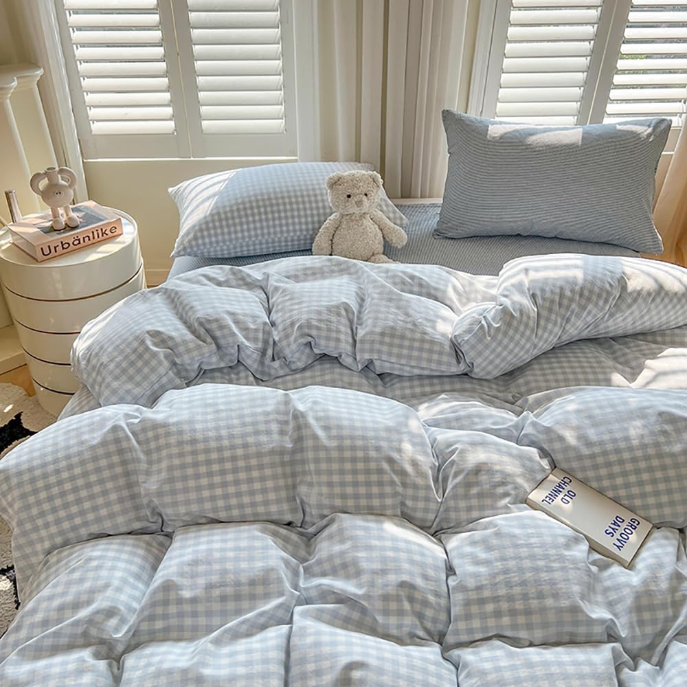 biancheria da letto, 220 x 240, in microfibra, motivo geometrico a quadri, stile country, con fantasia a quadretti, rinforzata, in microfibra lavata, copripiumino e 2 federe per cuscini da
