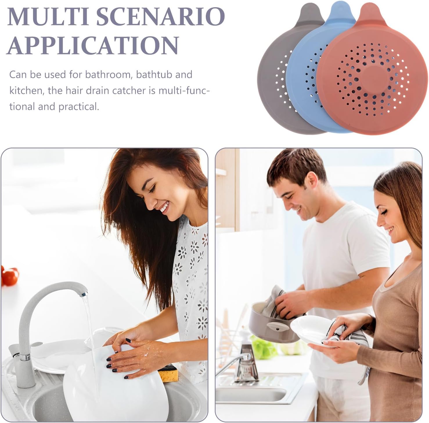 3pcs Silicone Drain Cover Hair Stopper for Shower and Kitchen Sink, Bathroom Floor Drain Filter Strainer with Anti-Clogging Function, Assorted Colors (Gray, Pink, Sky Blue)