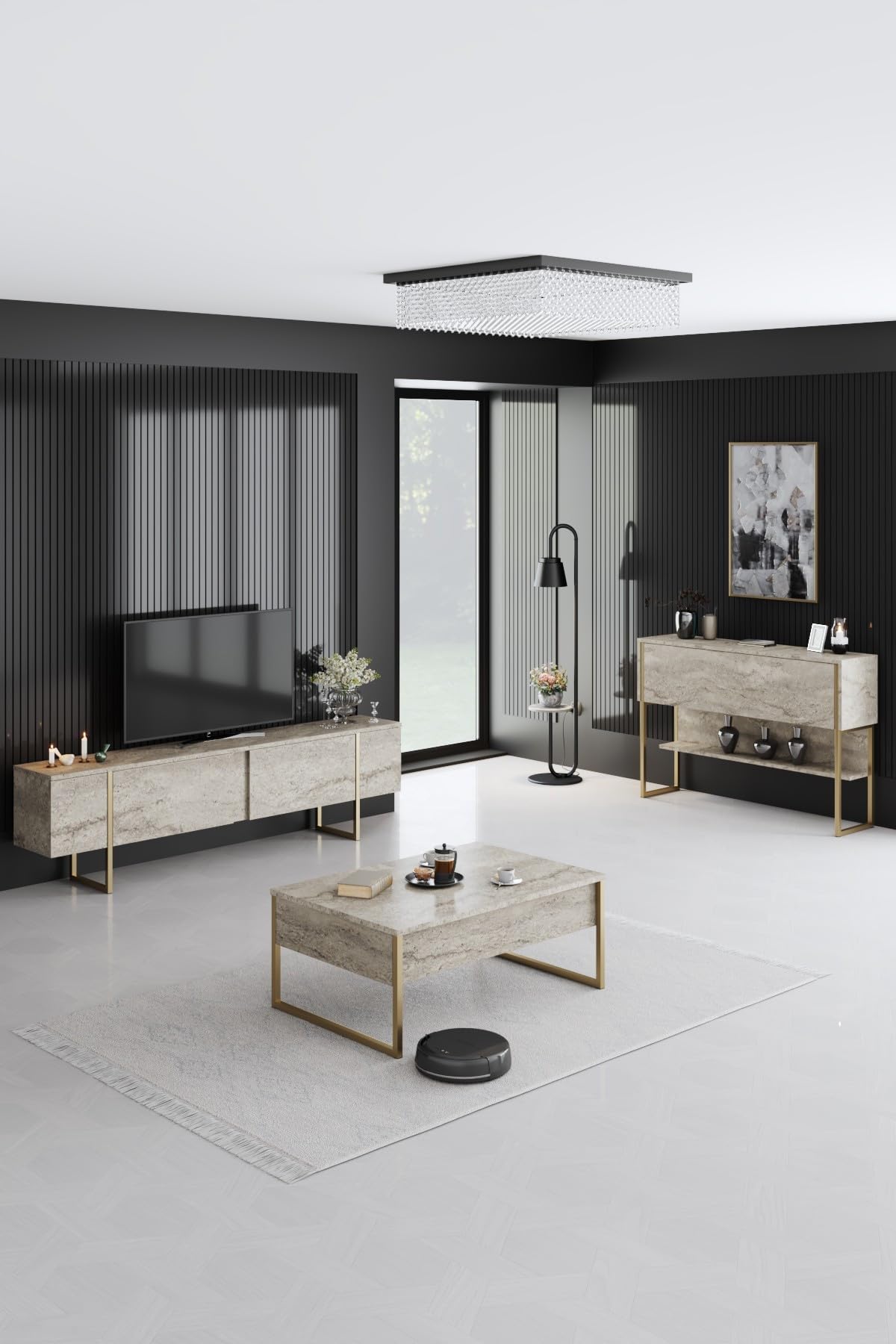 Holzkonsole "Luxe" - 120 x 30 x 80 cm - Travertin Gold