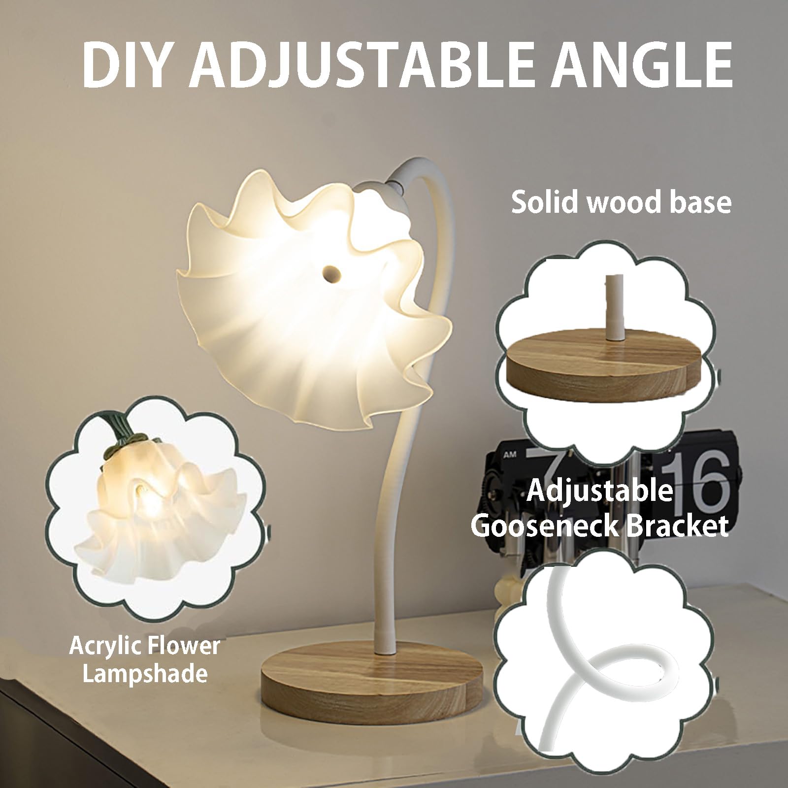 Blumen-Tischlampe, Schwanenhals, Maiglöckchen, Schreibtischlampe mit stufenlosem Dimmen, biegbar, Blumenlampe, augenschonendes Nachttischlicht, LED-Leselampe für Schlafzimmer, Lesen, Büro,