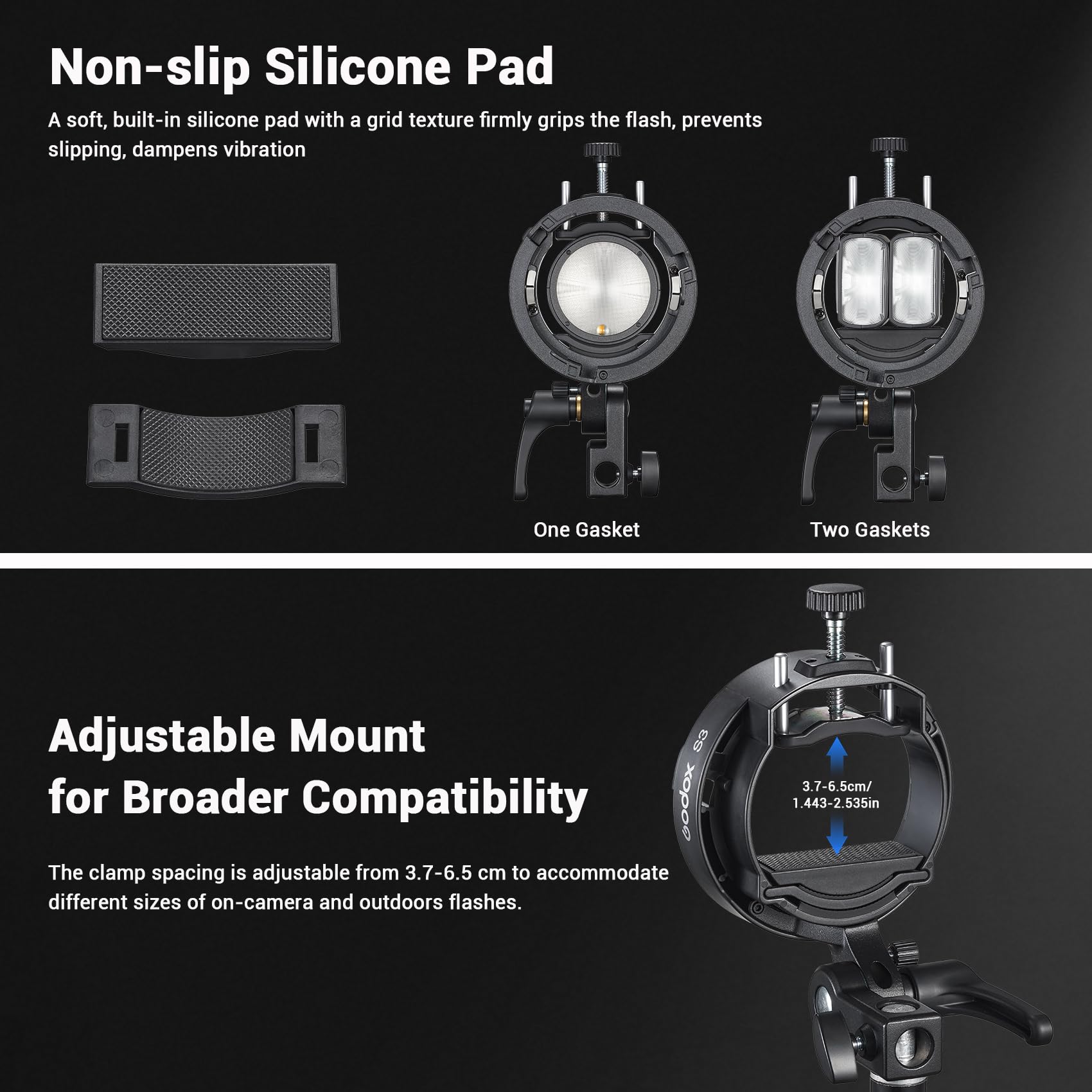 Godox S3 Bowen Mount S-Type Compacto y Ligero, Inclinación ±90°, Almohadilla para Godox AD200Pro II, AD300Pro II, para V1Pro /V100 /V860III / TT685II / V480 (Versión Actualizada de S2)