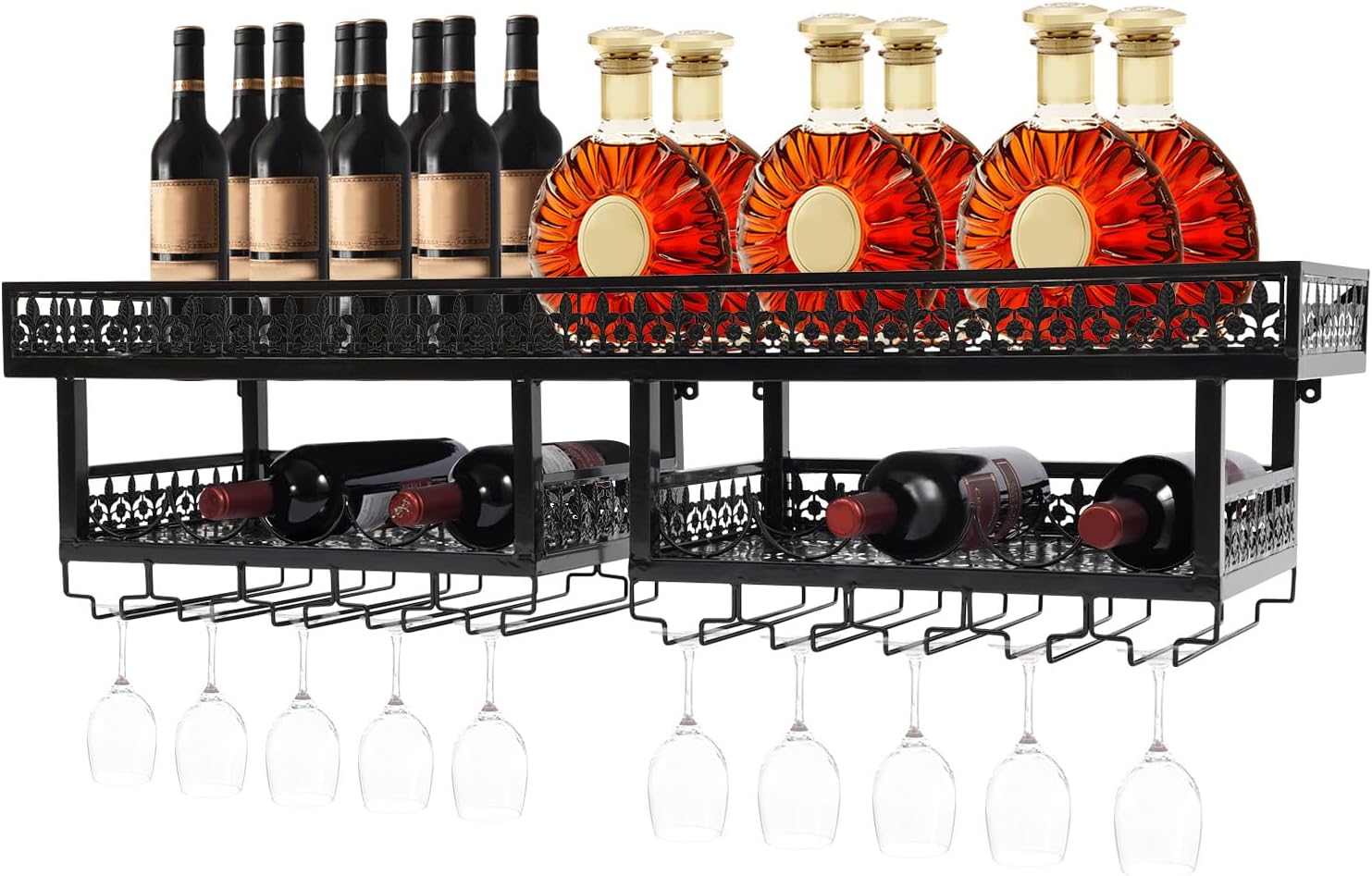 Industrial Wall Mounted Wine Rack with Glass Holders, 2-Tier Metal Wall Wine Rack Bottle Holder Shelf, 47"x12"x11.8" Large Wine Storage Display Rack for Home Bar Kitchen (Black)