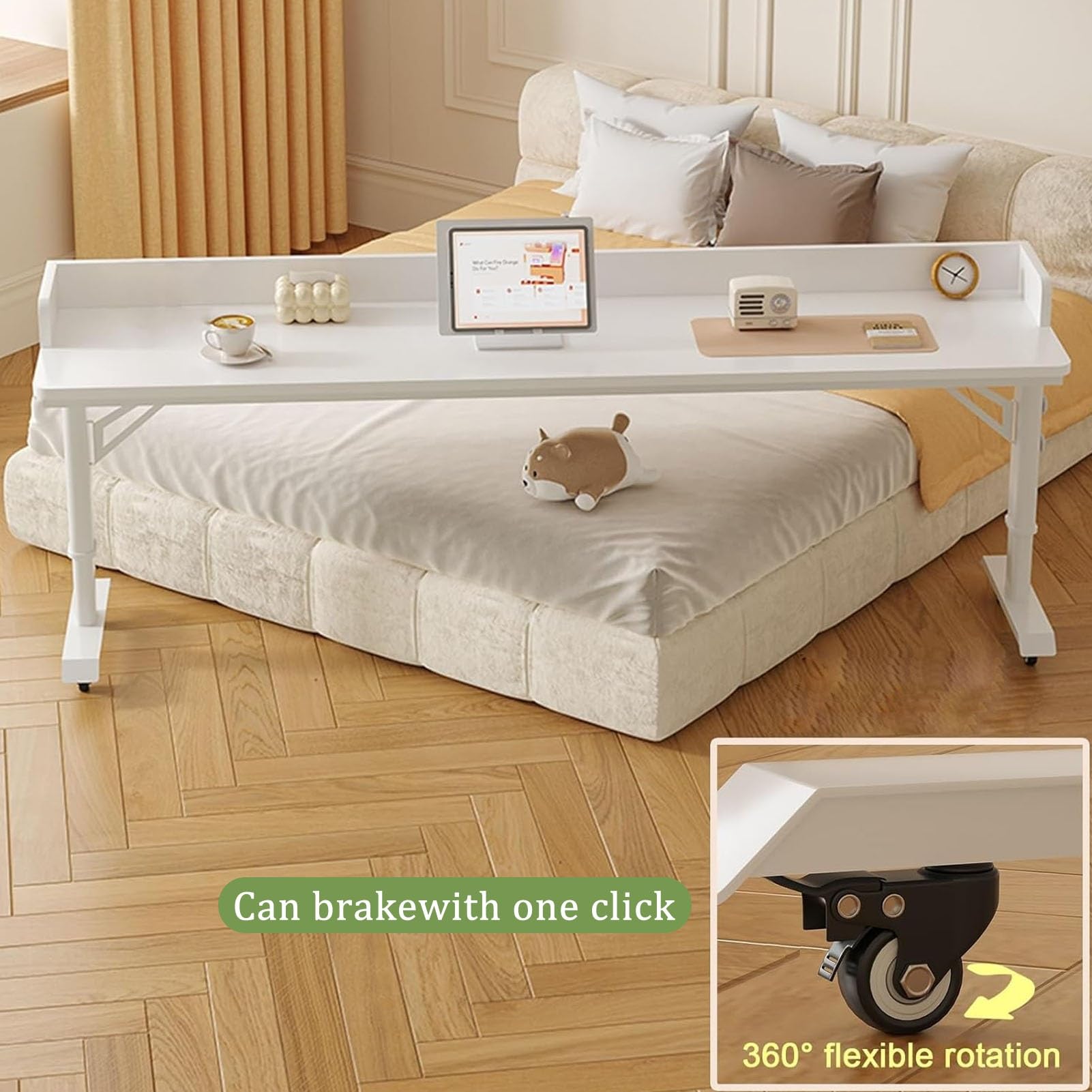 Mobilny Stolik Nadłóżkowy Panelem Tylnym, Stolik Nocny Regulowanej Wysokości Kółkami Obrotowymi, Stolik Nad Łóżkiem(Brown,94.4x23.6in/240x60cm)