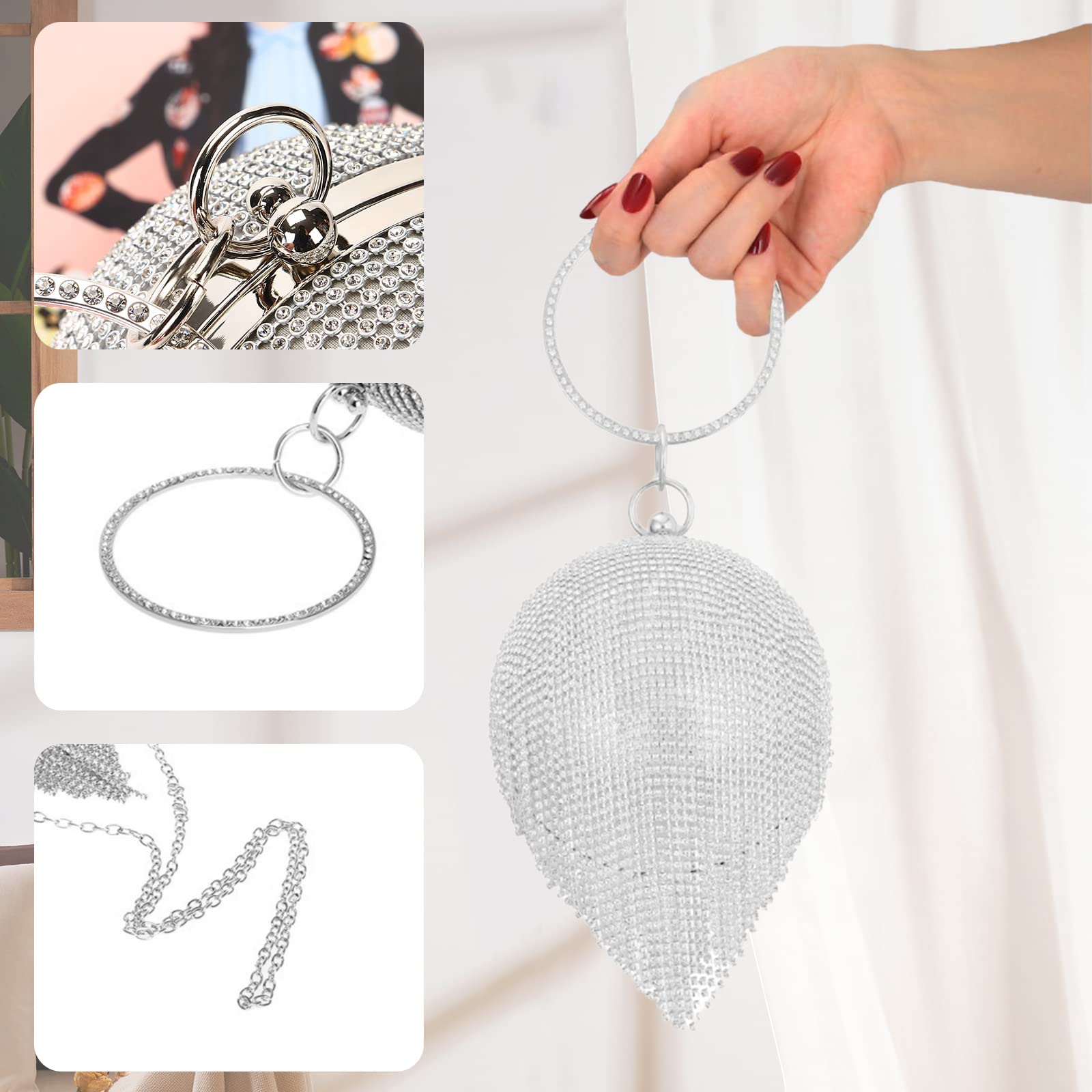 Bolso de Fiesta para Mujer Bolso de Mano de Noche de Cristal con Bola Redonda Diamantes de Imitación Clutch Bolso de Hombro Bolsos Bandolera para Fiesta de Graduación Banquete Boda Plata