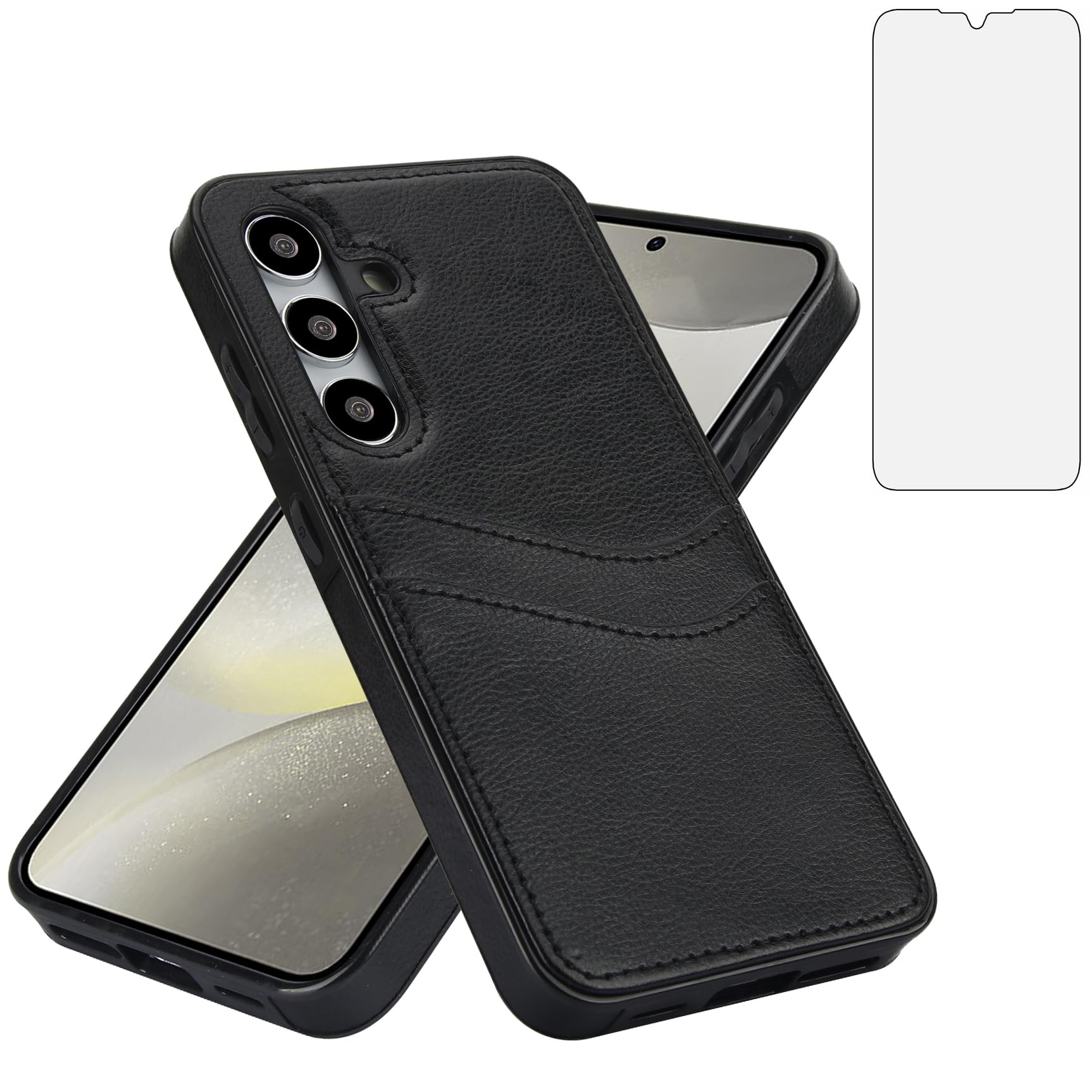 Asuwish Phone Case for Samsung Galaxy S24 5G with Tempered Glass Screen Protector Cover and Slim Thin Card Holder Slot Mobile Cell Accessories