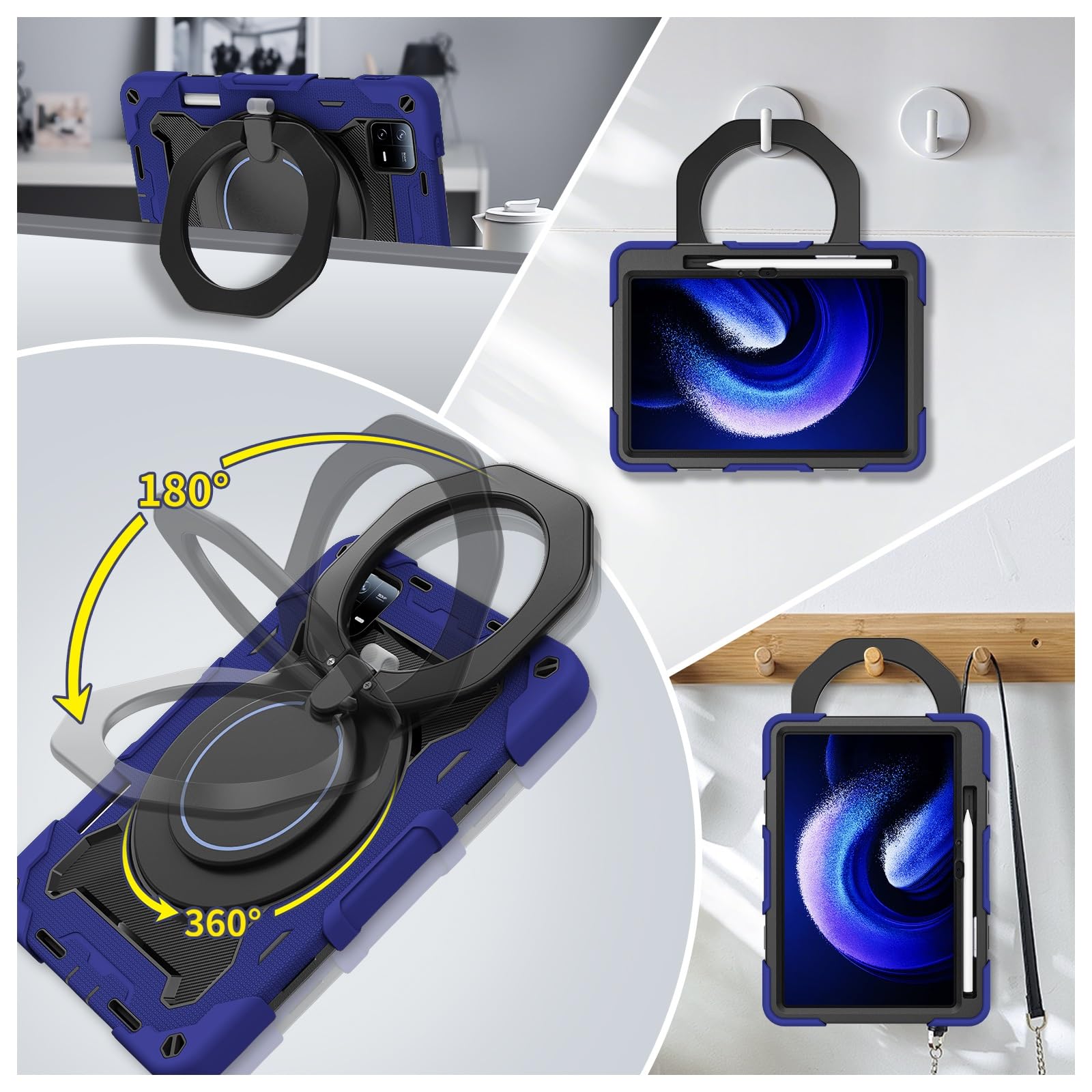 Custodia protettiva resistente per Xiaomi Mi Pad 6/Mi Pad 6 Pro 11" 2023, supporto girevole a 360°, tracolla, portapenne e anello per impugnatura, copertura antiurto per bambini e adulti (blu