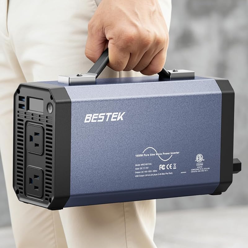 Pure Sine Wave Power Inverter - 1000W Car Inverter DC 12V to 110V AC - Car Charger Adapter Outlet with 4.8A Dual USB Charging Ports - Digital LCD Display - Aluminum Housing - Rubber Handle