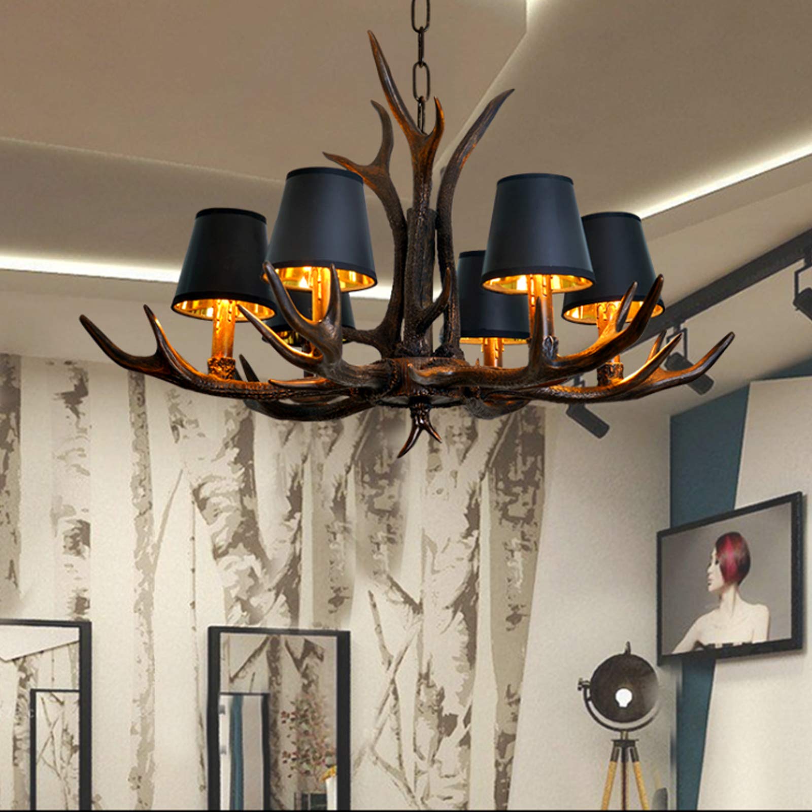 Żyrandol w stylu vintage, retro, E14, w kształcie poroża, żywica, 6 lamp, industrialny, dekoracyjny, do apartamentu, z regulacją wysokości, z abażurami, oświetlenie salonu, baru, kawiarni, jadalni
