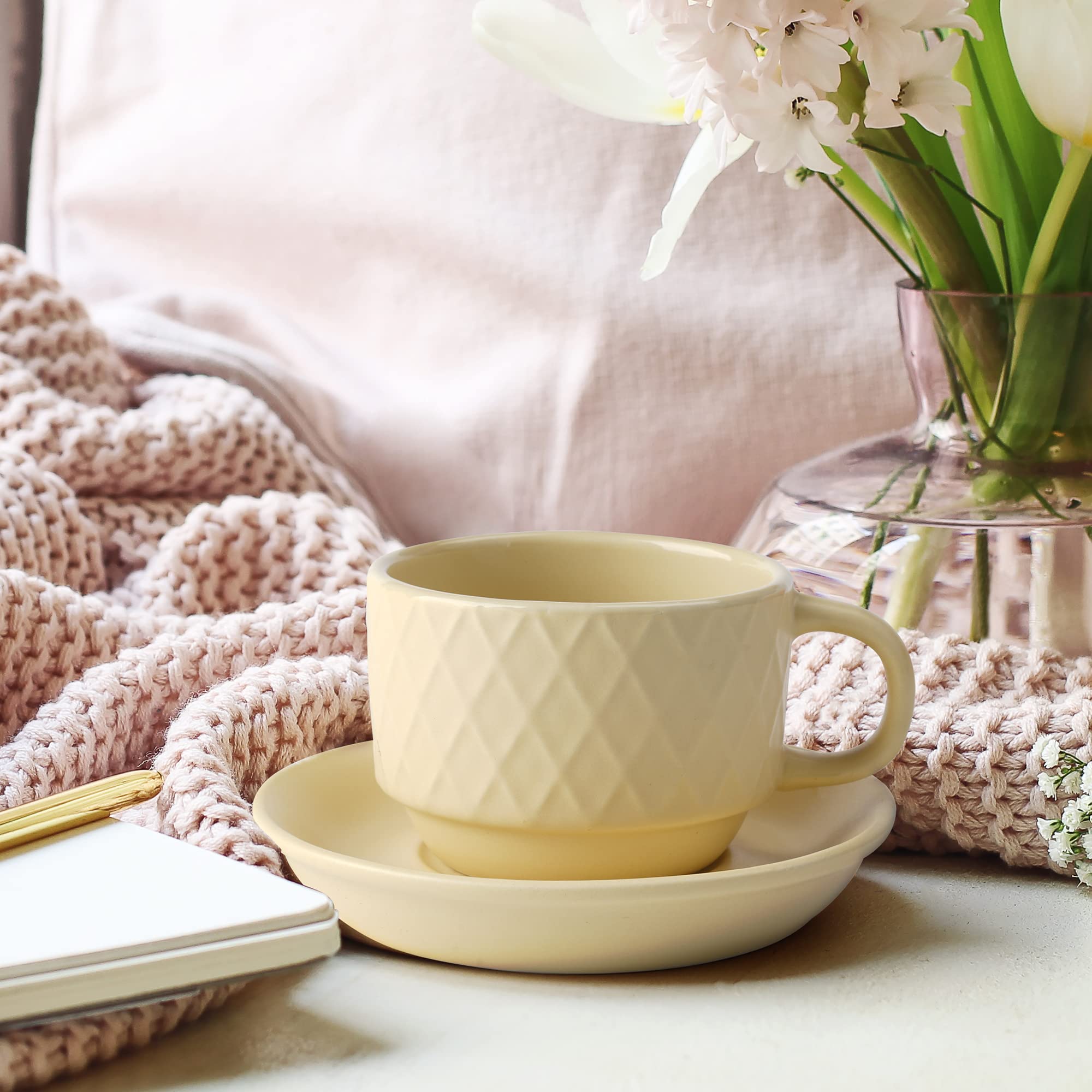 MIAMIO - 6 x 2.5 oz Stoneware Espresso Mug, Cup Set Modern with Stand and Saucers - Palmanova Collection (Magma Red)