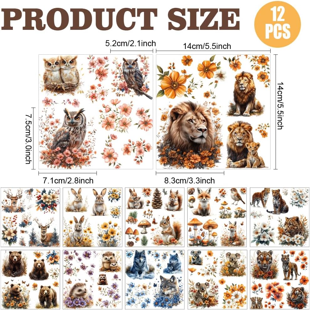 AHANDMAKER 12 Sheets Woodland Animals Rub On Transfer Stickers, 5.5x5.5In Animal and Plants Themed Window Decoration Featuring Bears, Deer, Rabbits and More for DIY Crafts Scrapbooking Furniture Decor
