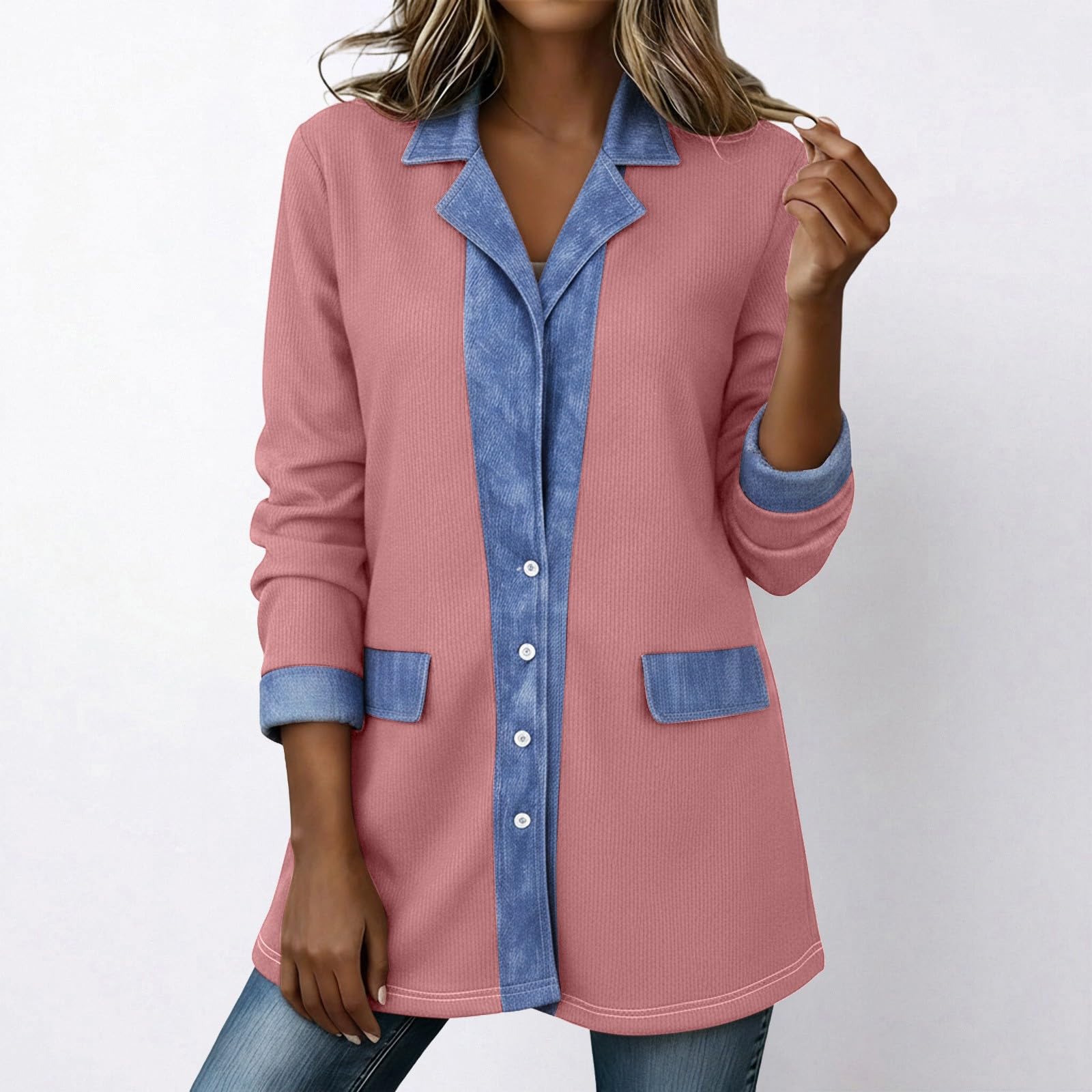 Générique Dżinsowy patchworkowy sweter oversize, gruba dzianina, swobodny styl. (XL)