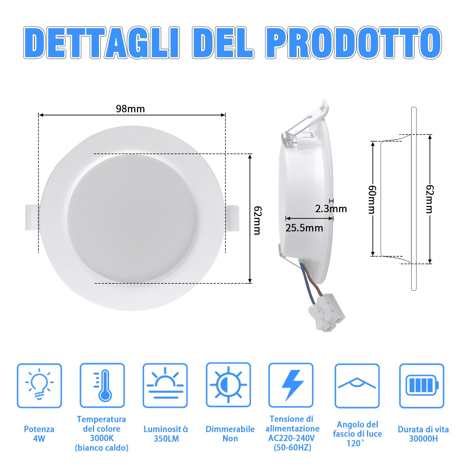 ETUOLMP Faretti led da incasso per cartongesso, 4W 380LM interno, Bianco Naturale 4000K, AC 220-240V, Faretti IP44 per cappa da cucina, bagno, corridoio, set di 10