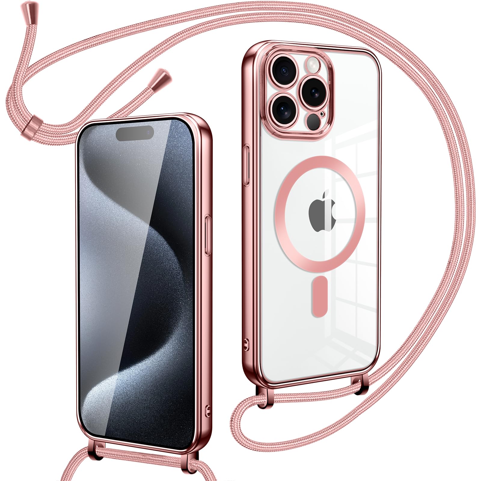 Cover Magnetica Per IPhone 15 Pro Max Con Cordino - Custodia Trasparente In Silicone Con Laccio A Collana Regolabile, Antiurto E Antigraffio, Compatibile MagSafe, Verde - 2