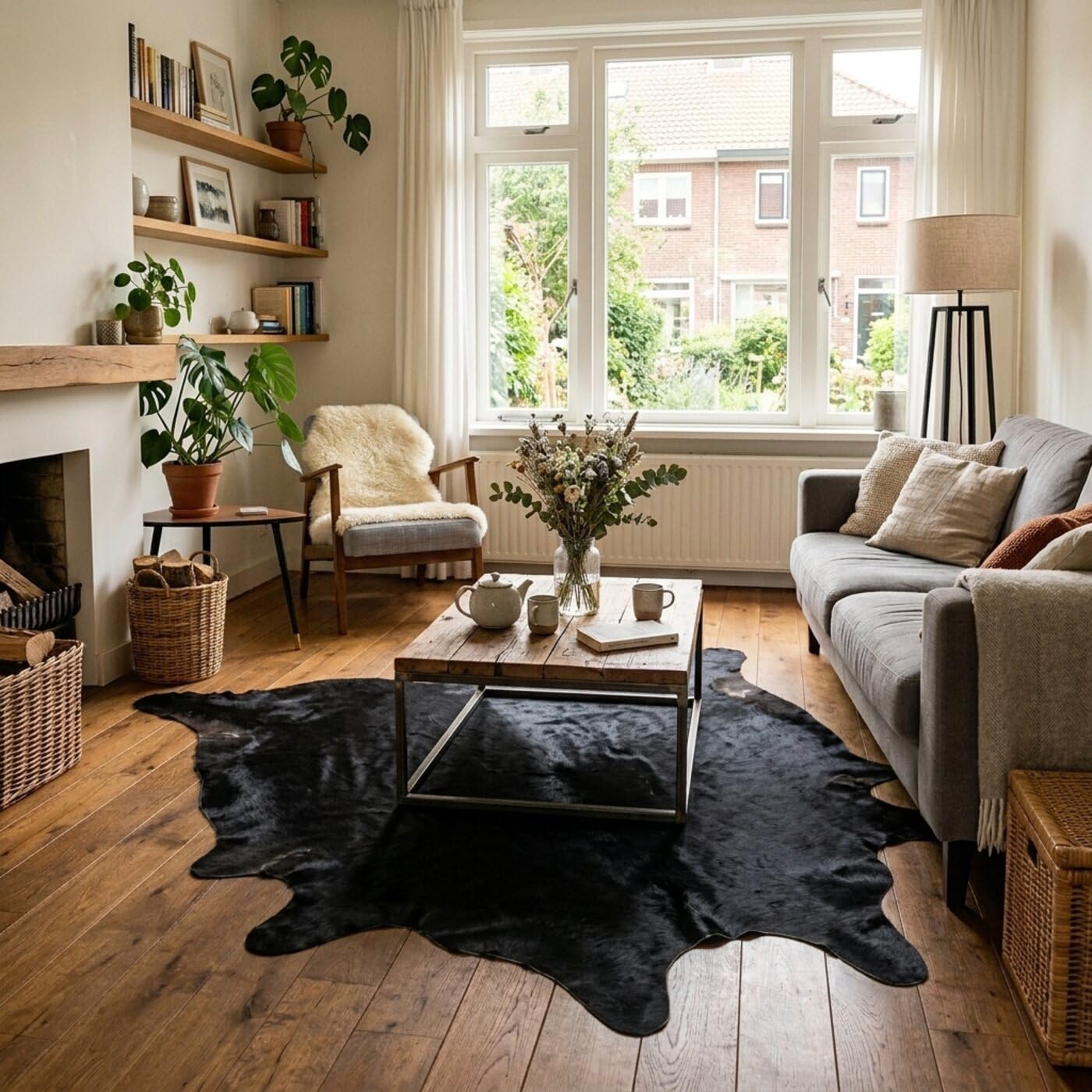 Hide & Haus Tapis en Peau de Vache véritable Noir, Format Grand (220 x 200 cm), avec 4 Dessous de Verre en Peau de Vache