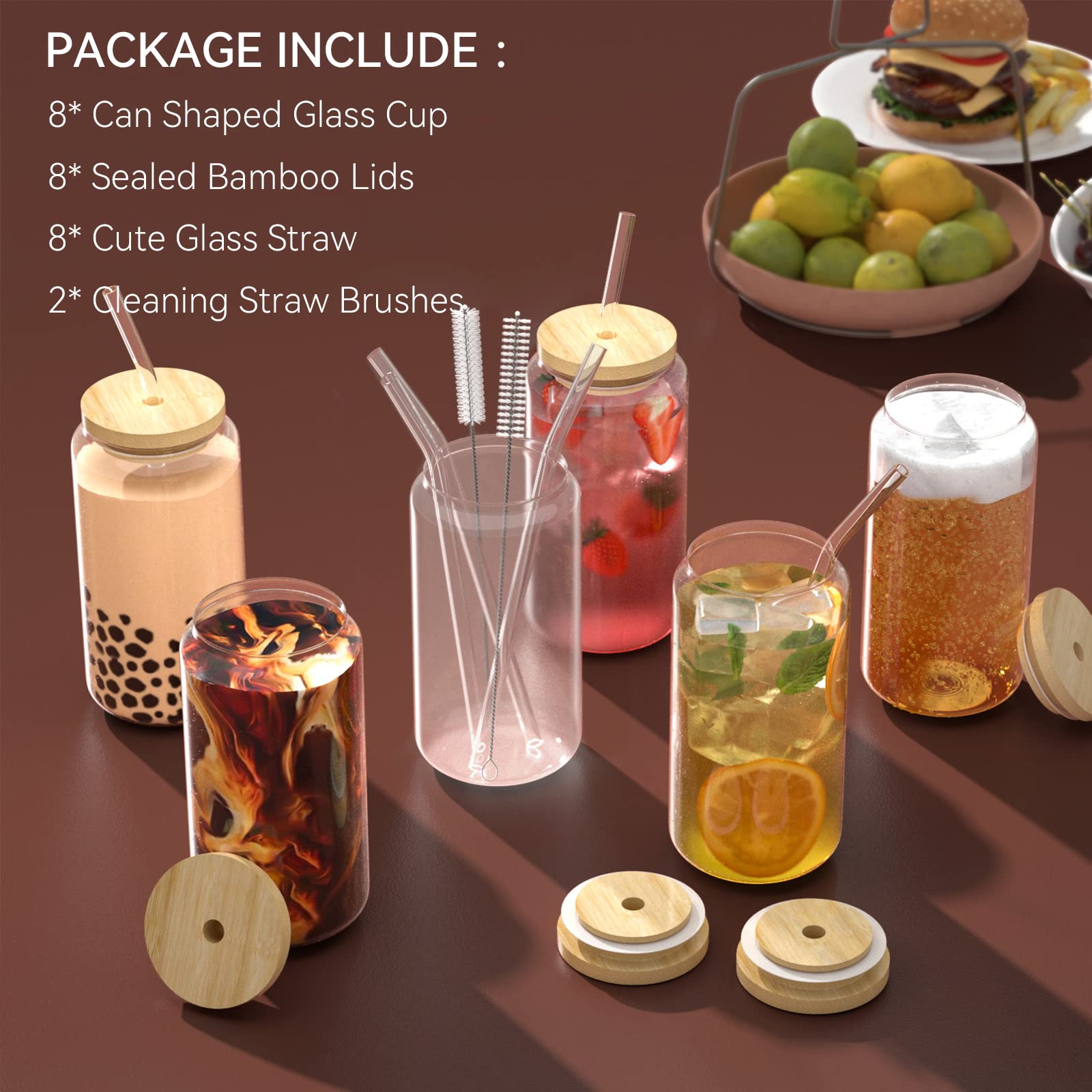 SHUESS Set Di 8 Bicchieri In Vetro Da 500ml Con Coperchio In Bambù E Cannucce - Ideali Per Caffè Freddo, Cocktail E Tè