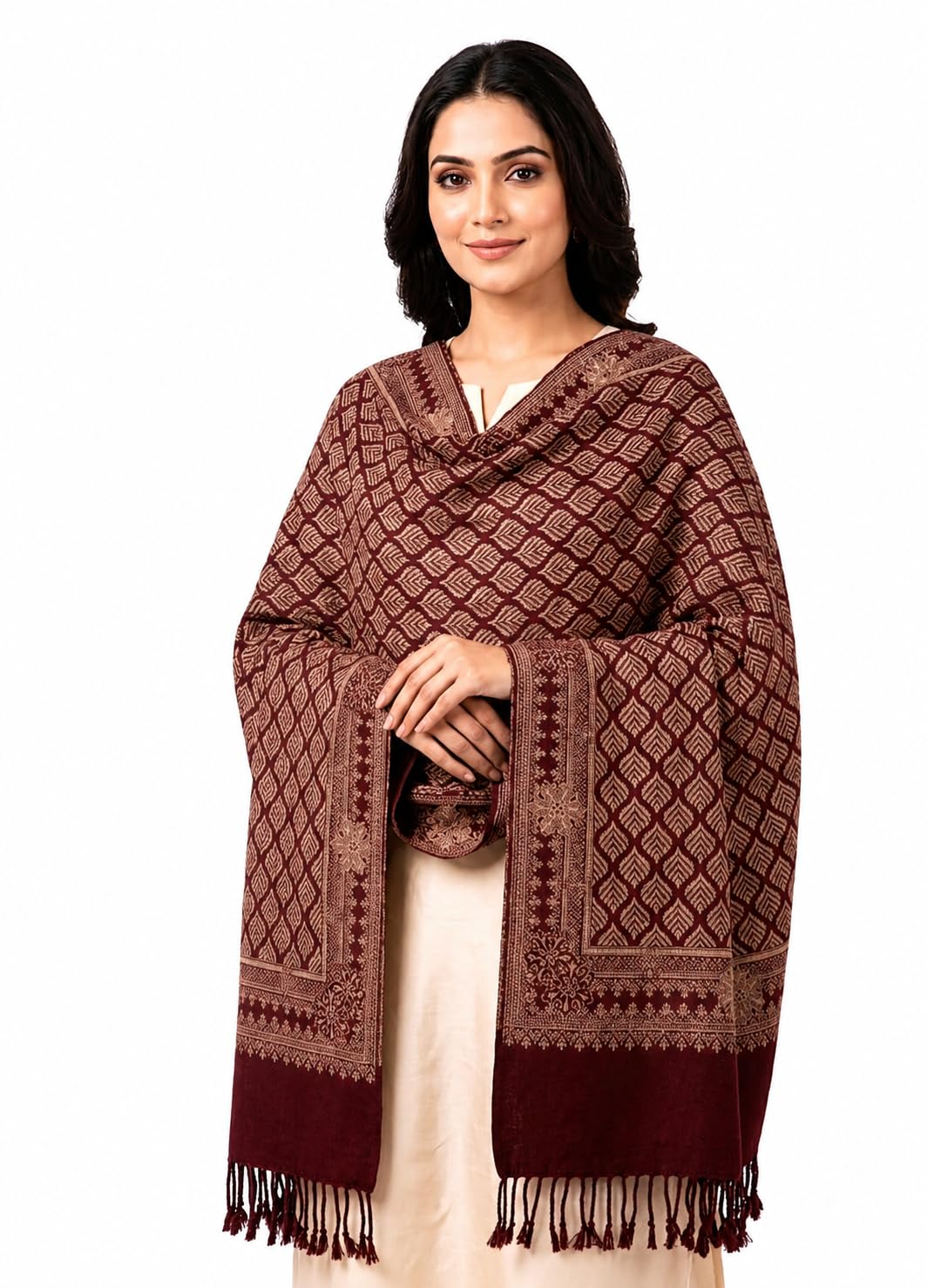 Women's Maroon Woven Leaf Pattern Shawl with Tassel Border-image-1