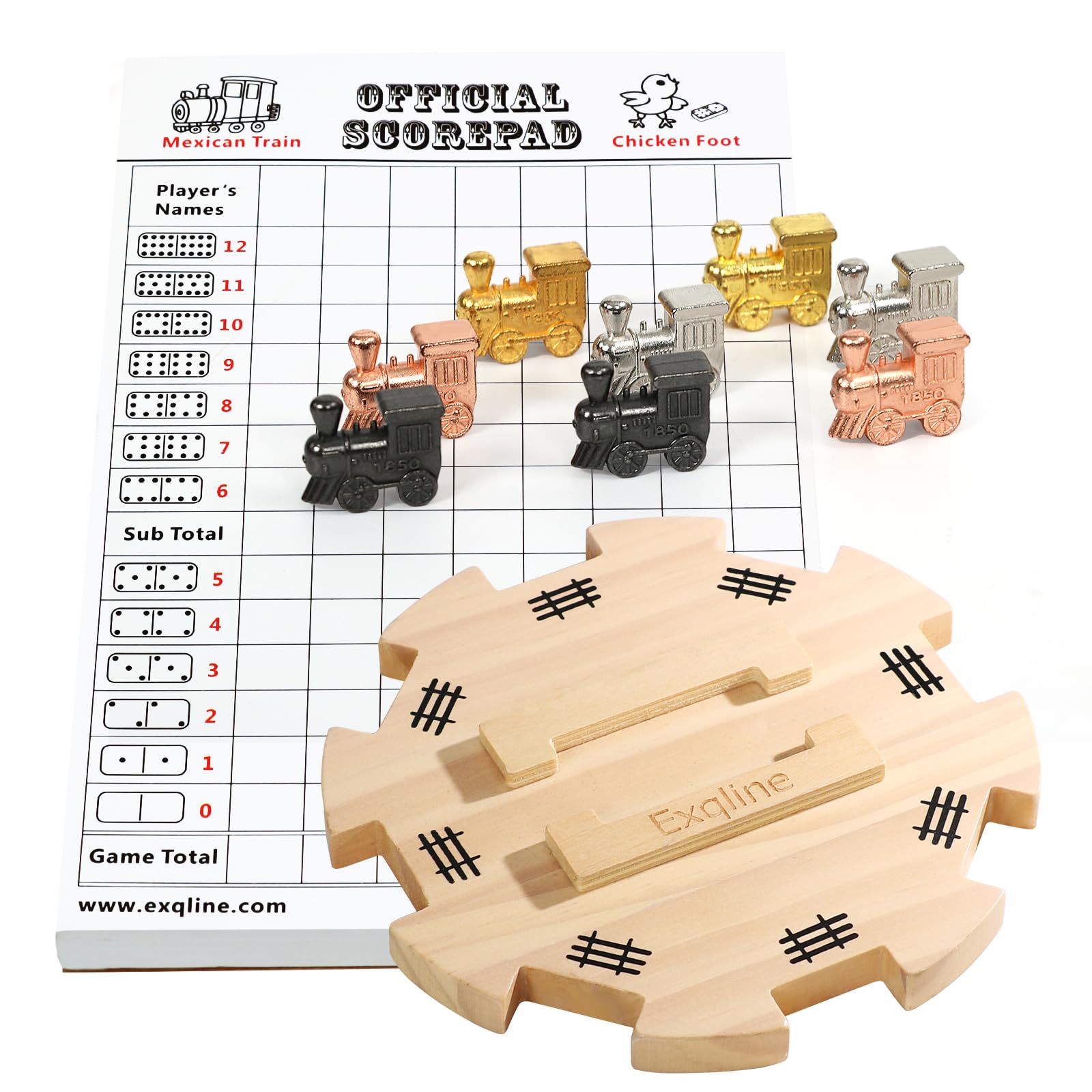 Exqline Mexican Train Dominoes Accessories - with 6.5" Pine Mexican Train Hub, 70-Sheets Mexican Train Score Pads and 8 Colored Die-Cast Train Markers