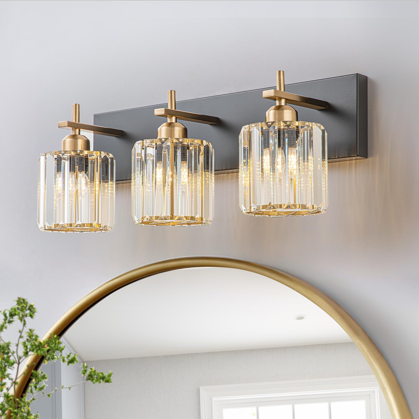 HUOKU Modern Crystal Bathroom Vanity Lights, Black Gold 3Lights
