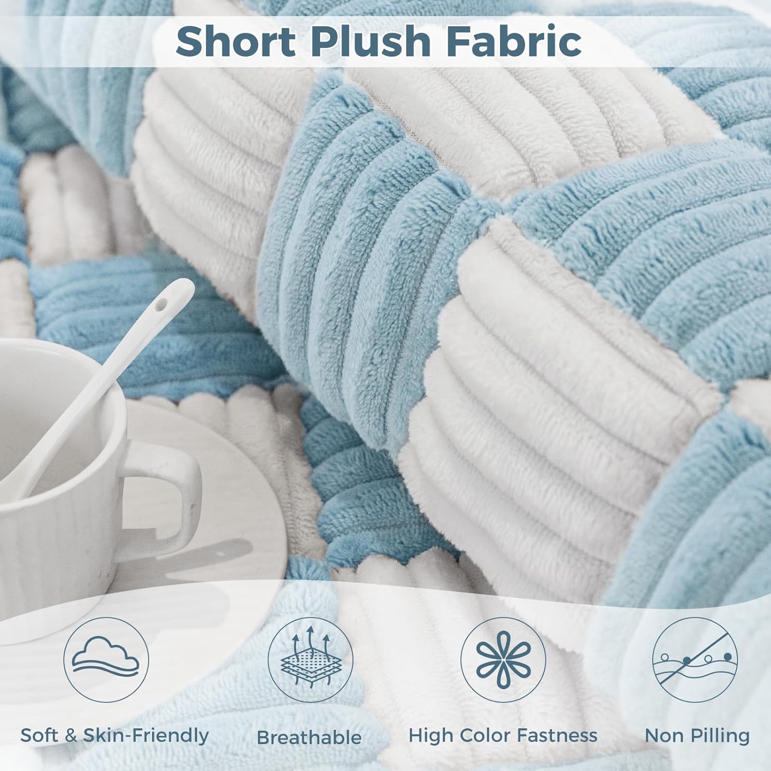 Fuzzy Cream-Coloured Plaid Square Pet Couch Cover for Dogs - Washable, Anti-Slip, Funny, Blue (27.6x70.9in, 3 Cushion)