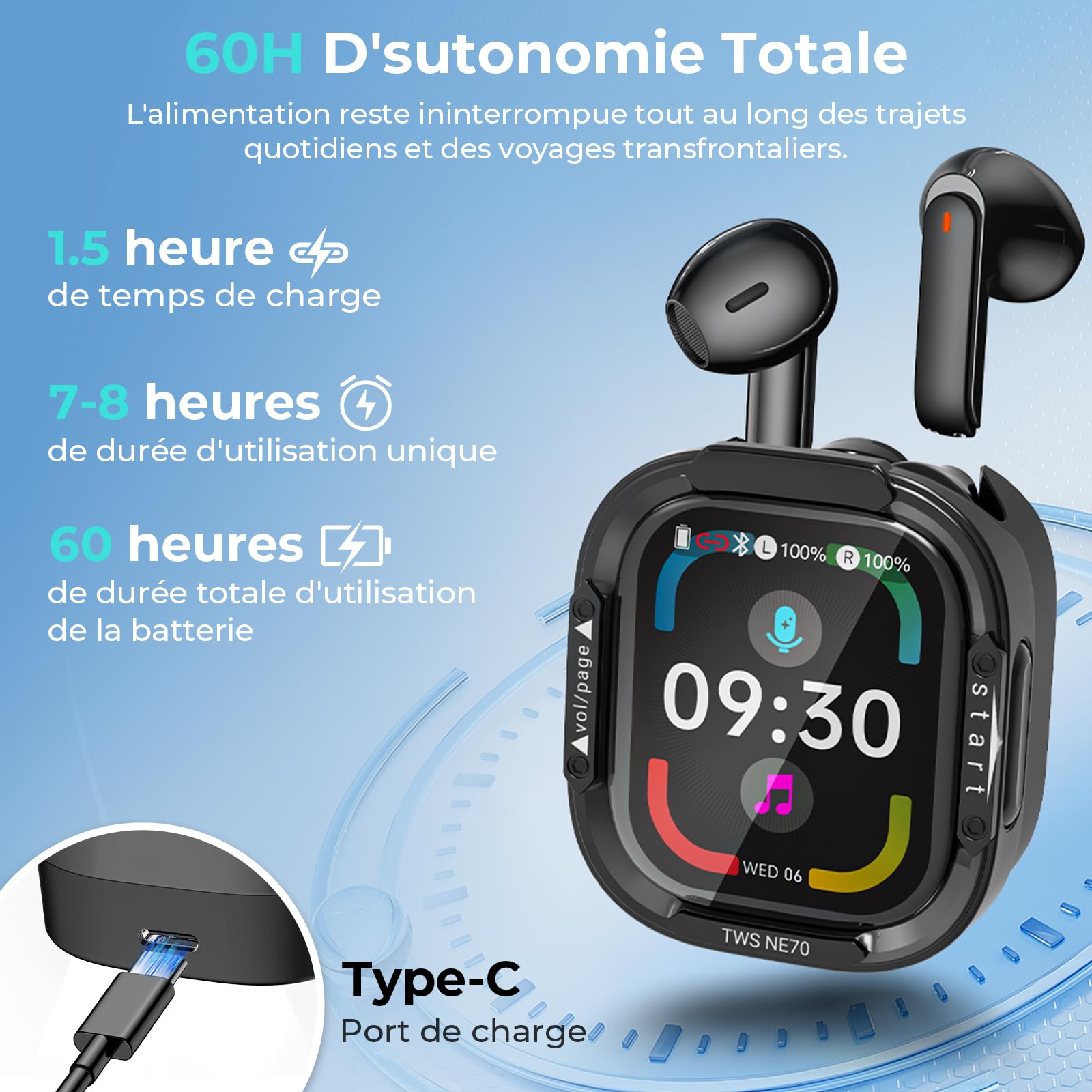 NE70 AI Écouteur Traducteur Instantané avec Écran LCD, 150 Langues et 9 Modes de Traduction, Traducteur Vocal Instantané en Direct Bluetooth 6.0, Oreillette Traduction Instantanée 60H pour Voyage