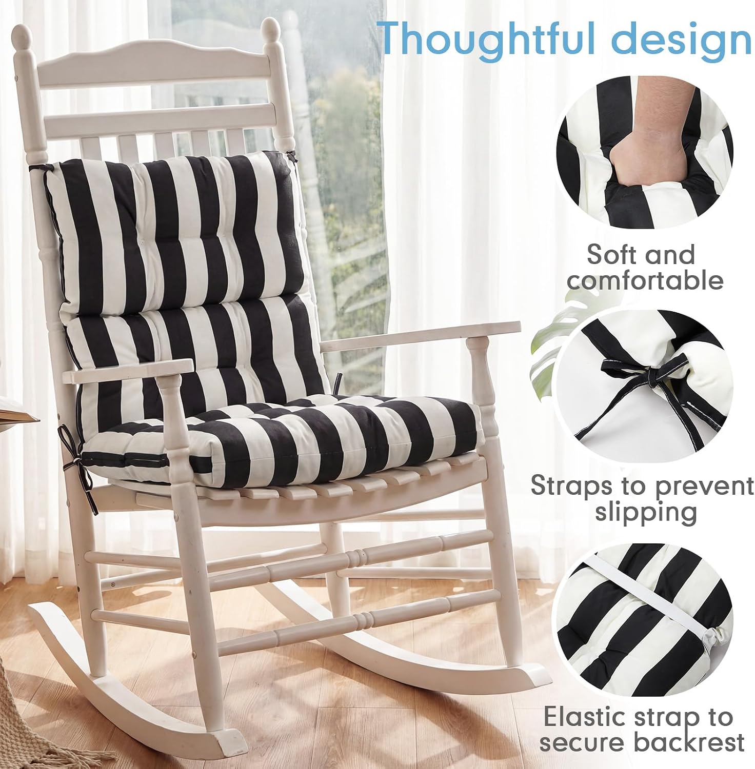 Hoteam 2 Pcs High Back Chair Cushions Set - 44'' x 21'' Indoor Outdoor Waterproof Soft Thicken Stripes Replaceable Cushion for Garden Summer Rocking Chair, Patio Furniture (Black Stripes)