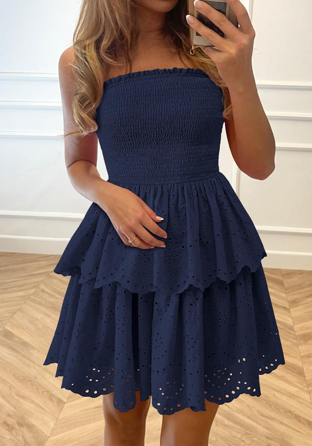 BTFBM Summer Dresses for Women 2025 Tube Strapless Mini Hollow Out Lace Wedding Guest Dress - Image 2